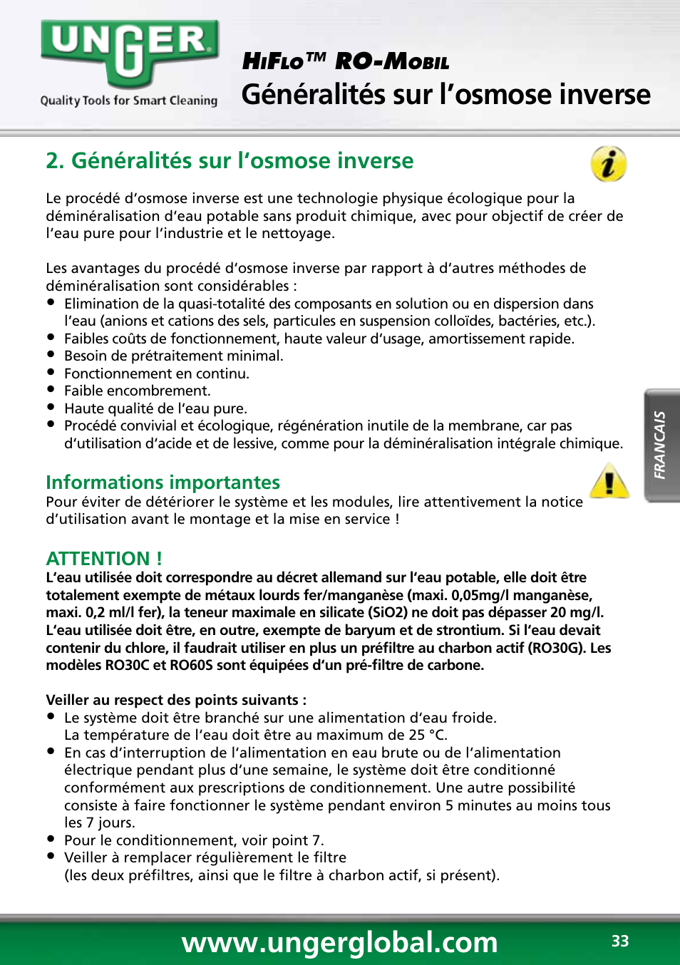 Généralités sur l’osmose inverse, Consignes de sécurité, Ro-m | Généralités sur l‘osmose inverse | Unger RO60S User Manual | Page 33 / 88