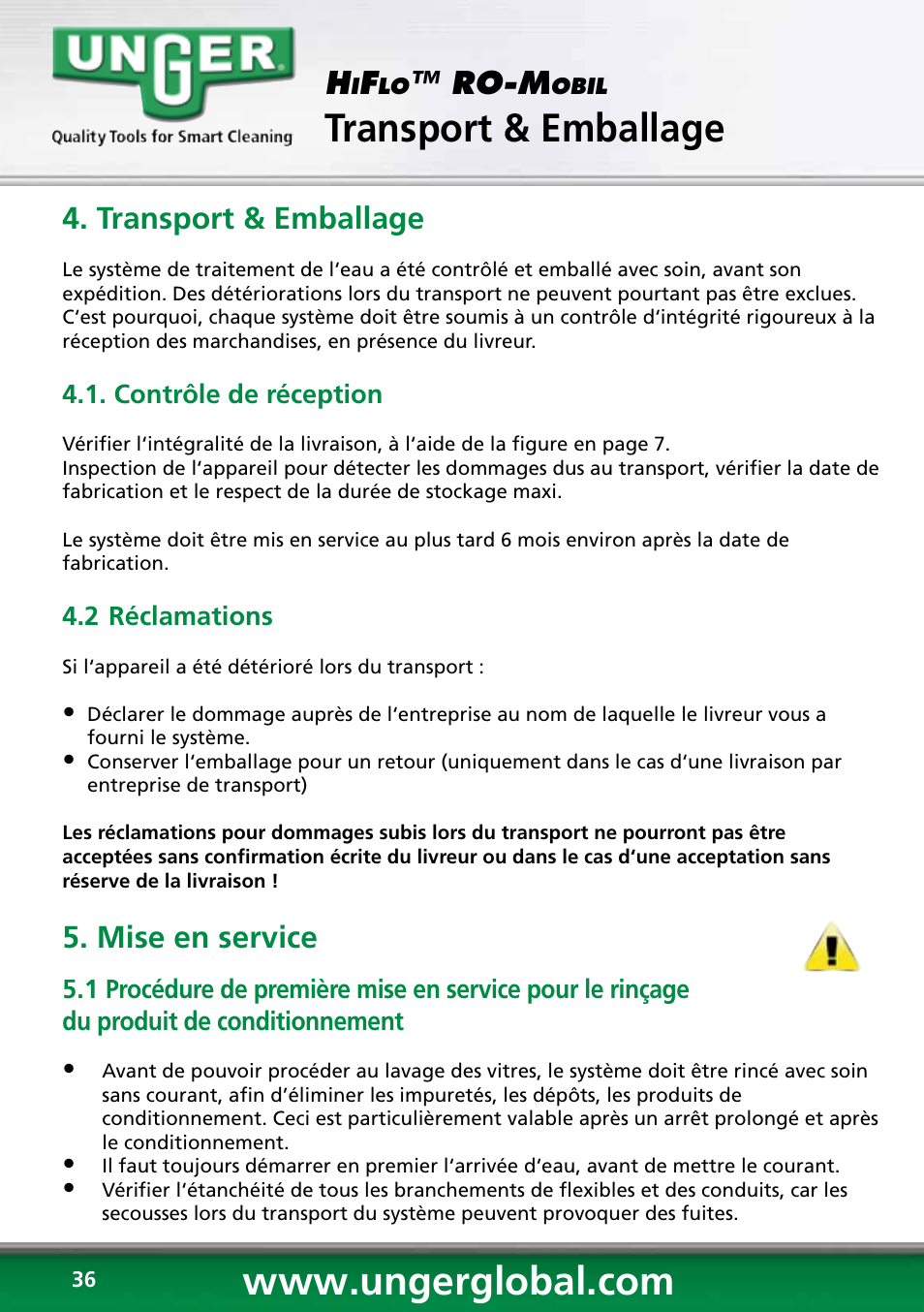 Transport & emballage, Ro-m, Mise en service | Unger RO60S User Manual | Page 36 / 88