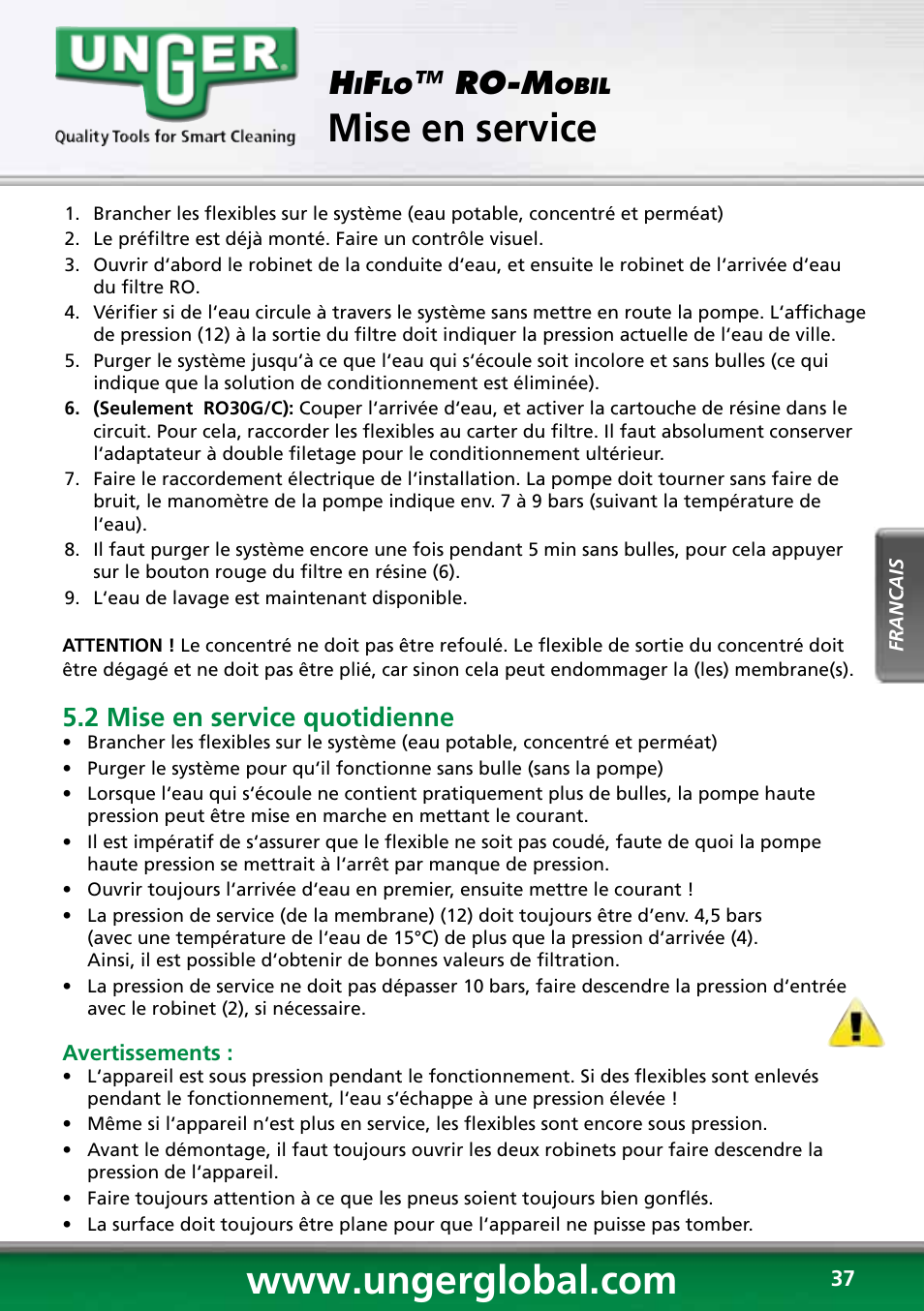 Mise en service, Transport & emballage, Ro-m | 2 mise en service quotidienne | Unger RO60S User Manual | Page 37 / 88