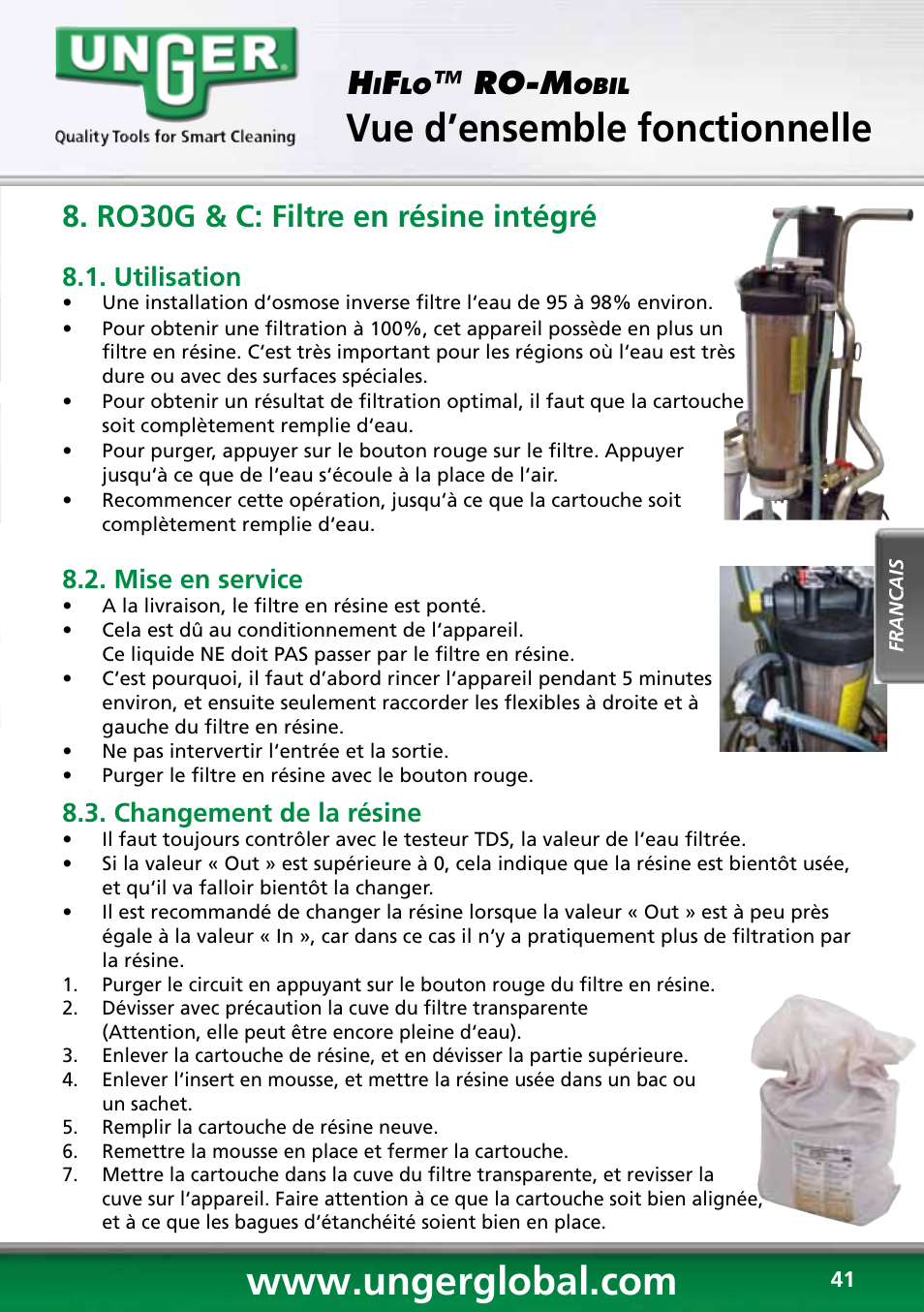 Vue d’ensemble fonctionnelle, Ro-m, Ro30g & c: filtre en résine intégré | Utilisation, Mise en service, Changement de la résine | Unger RO60S User Manual | Page 41 / 88