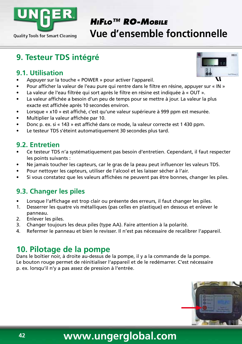 Vue d’ensemble fonctionnelle, Ro-m, Testeur tds intégré | Pilotage de la pompe, Utilisation, Entretien, Changer les piles | Unger RO60S User Manual | Page 42 / 88