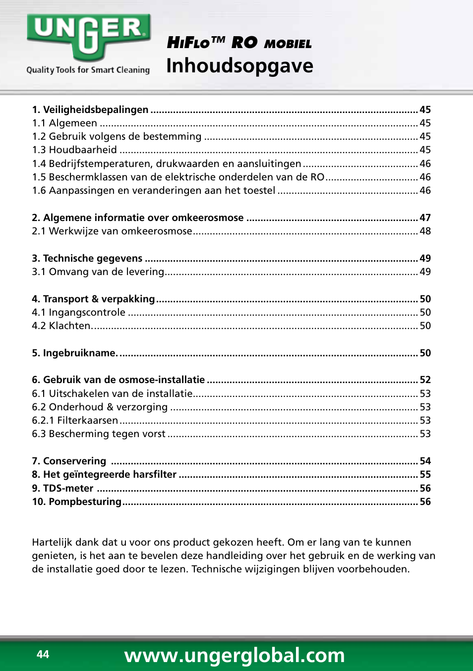 Inhoudsopgave | Unger RO60S User Manual | Page 44 / 88