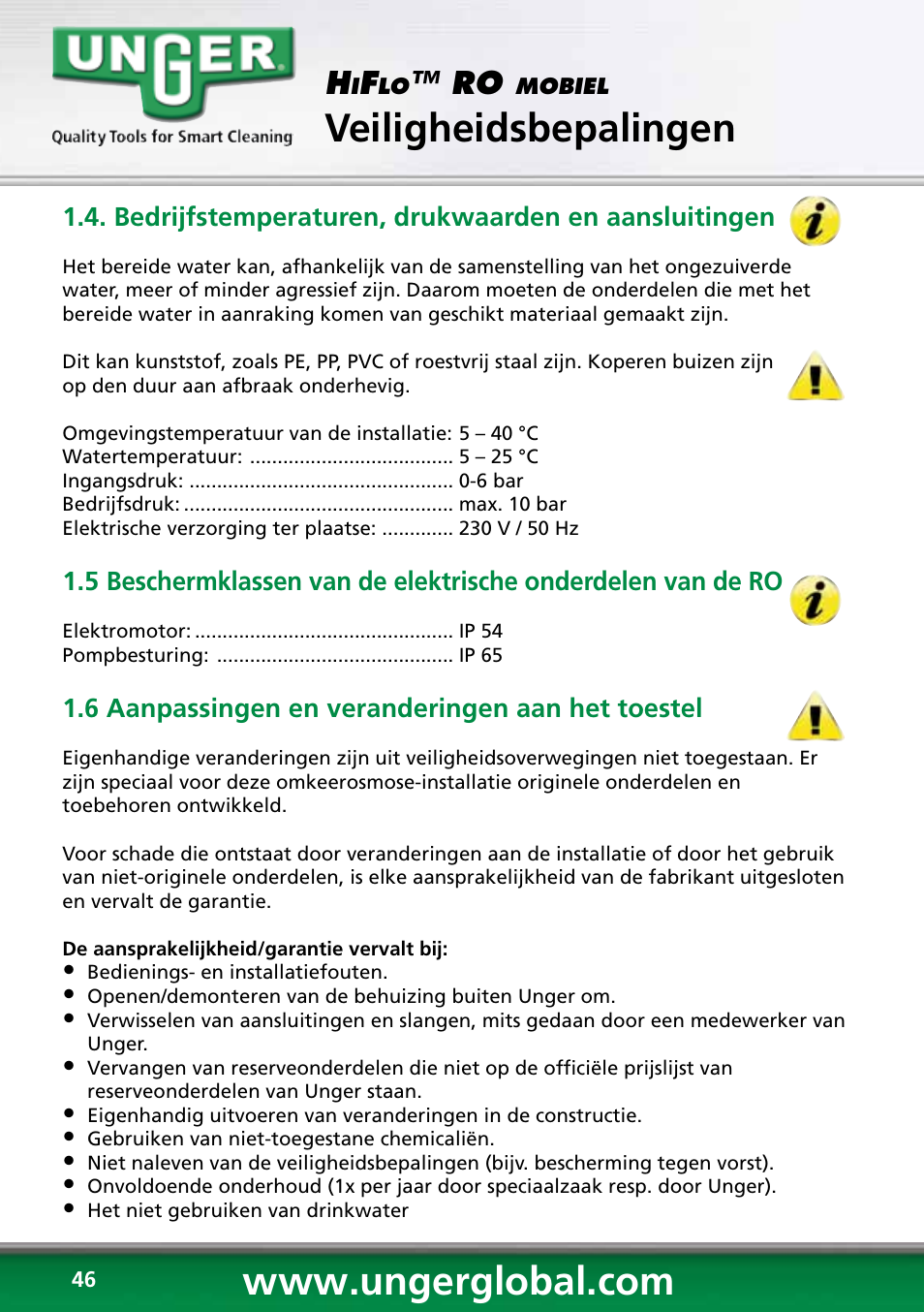 Veiligheidsbepalingen | Unger RO60S User Manual | Page 46 / 88