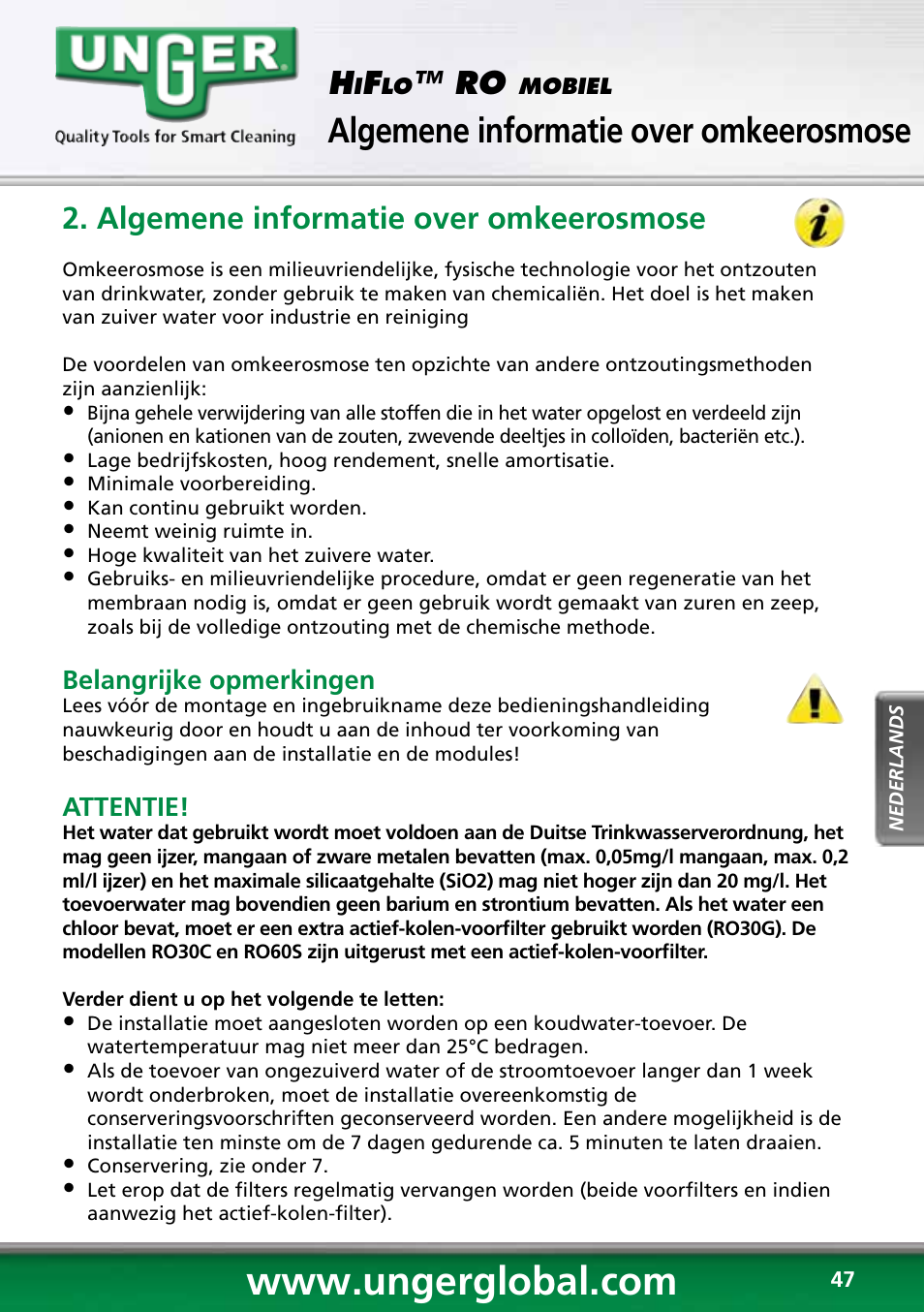 Veiligheidsbepalingen, Algemene informatie over omkeerosmose | Unger RO60S User Manual | Page 47 / 88