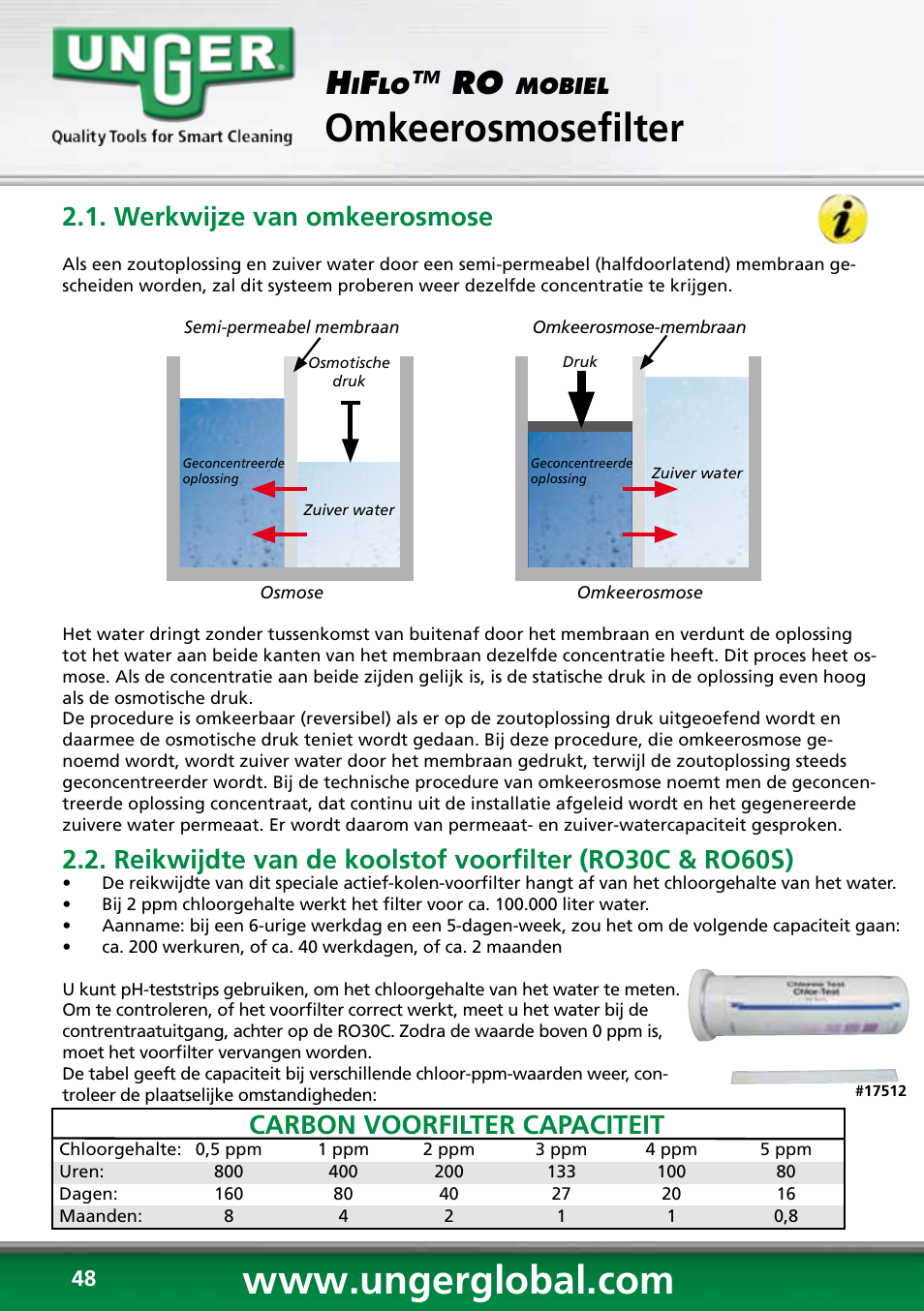 Omkeerosmosefilter, Carbon voorfilter capaciteit, Werkwijze van omkeerosmose | Unger RO60S User Manual | Page 48 / 88