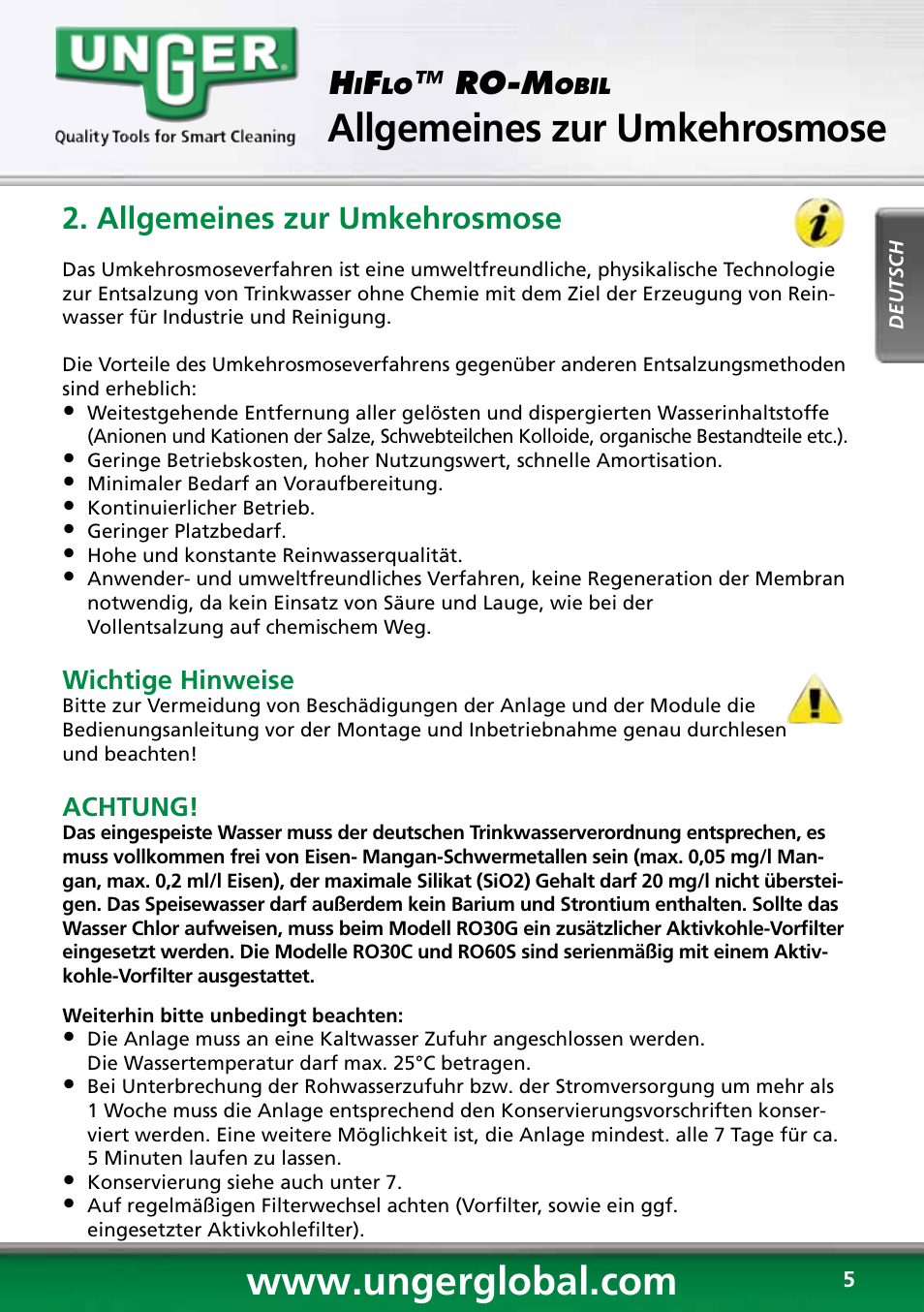 Allgemeines zur umkehrosmose, Sicherheitsbestimmungen, Ro-m | Unger RO60S User Manual | Page 5 / 88