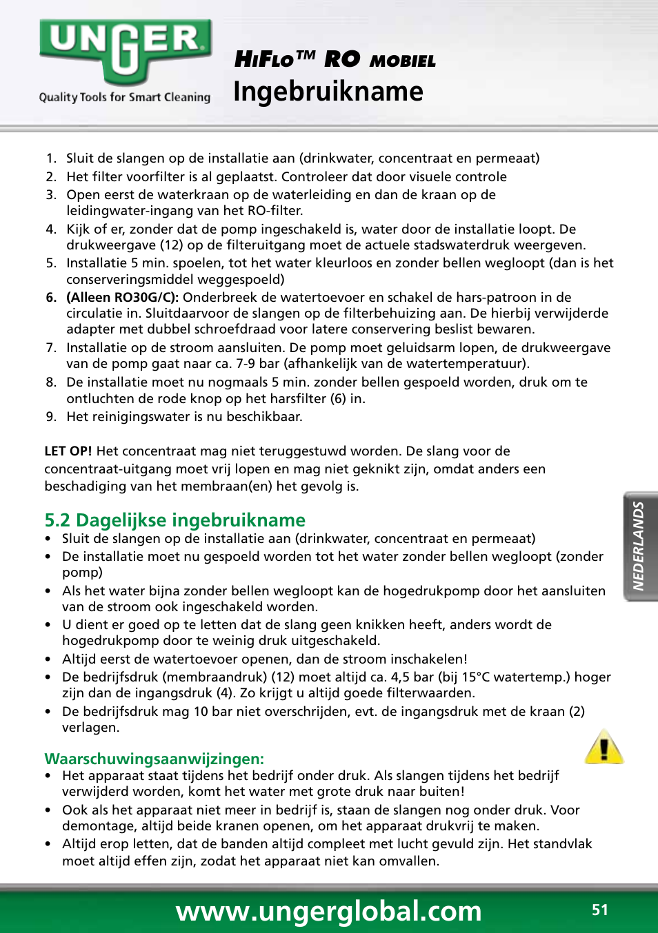 Ingebruikname, Transport & verpakking, 2 dagelijkse ingebruikname | Unger RO60S User Manual | Page 51 / 88