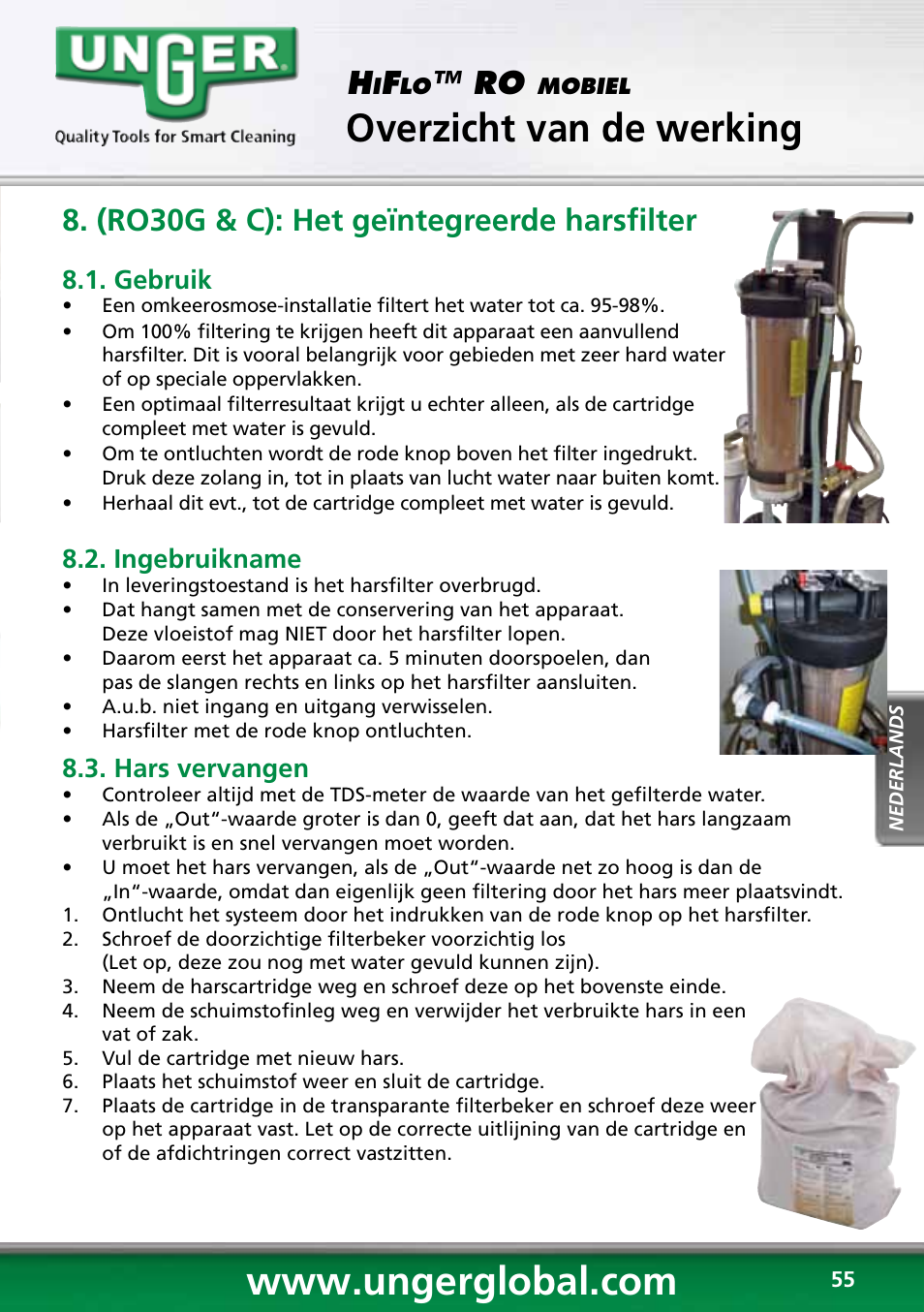 Overzicht van de werking, (ro30g & c): het geïntegreerde harsfilter, Gebruik | Ingebruikname, Hars vervangen | Unger RO60S User Manual | Page 55 / 88