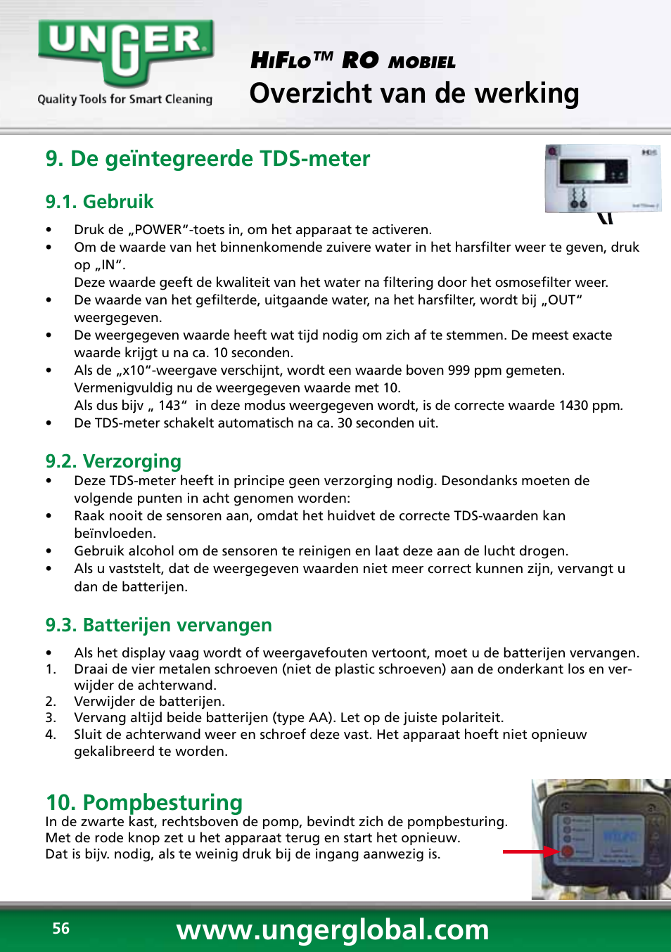 Overzicht van de werking, De geïntegreerde tds-meter, Pompbesturing | Gebruik, Verzorging, Batterijen vervangen | Unger RO60S User Manual | Page 56 / 88