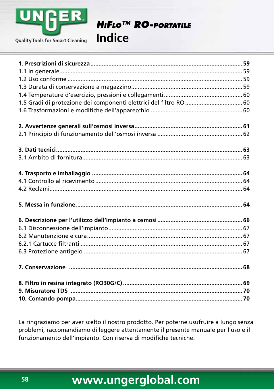 Indice | Unger RO60S User Manual | Page 58 / 88