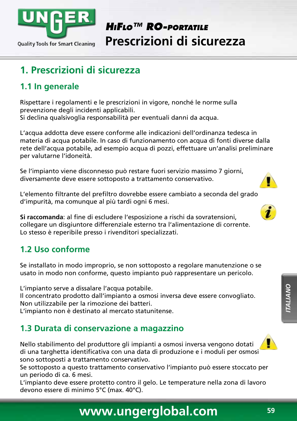 Prescrizioni di sicurezza | Unger RO60S User Manual | Page 59 / 88