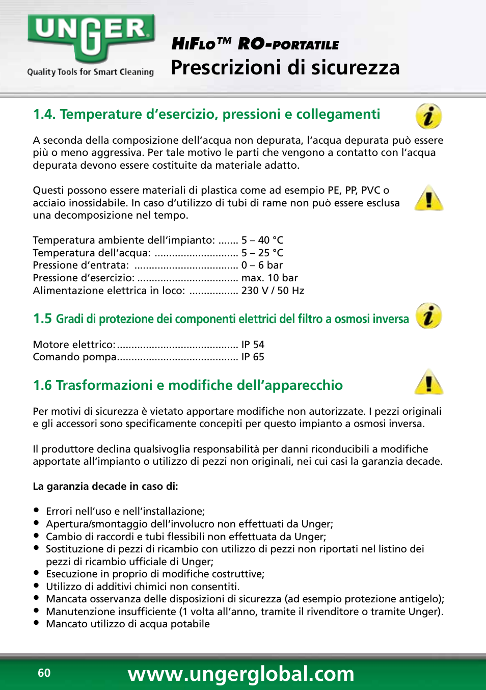 Prescrizioni di sicurezza | Unger RO60S User Manual | Page 60 / 88