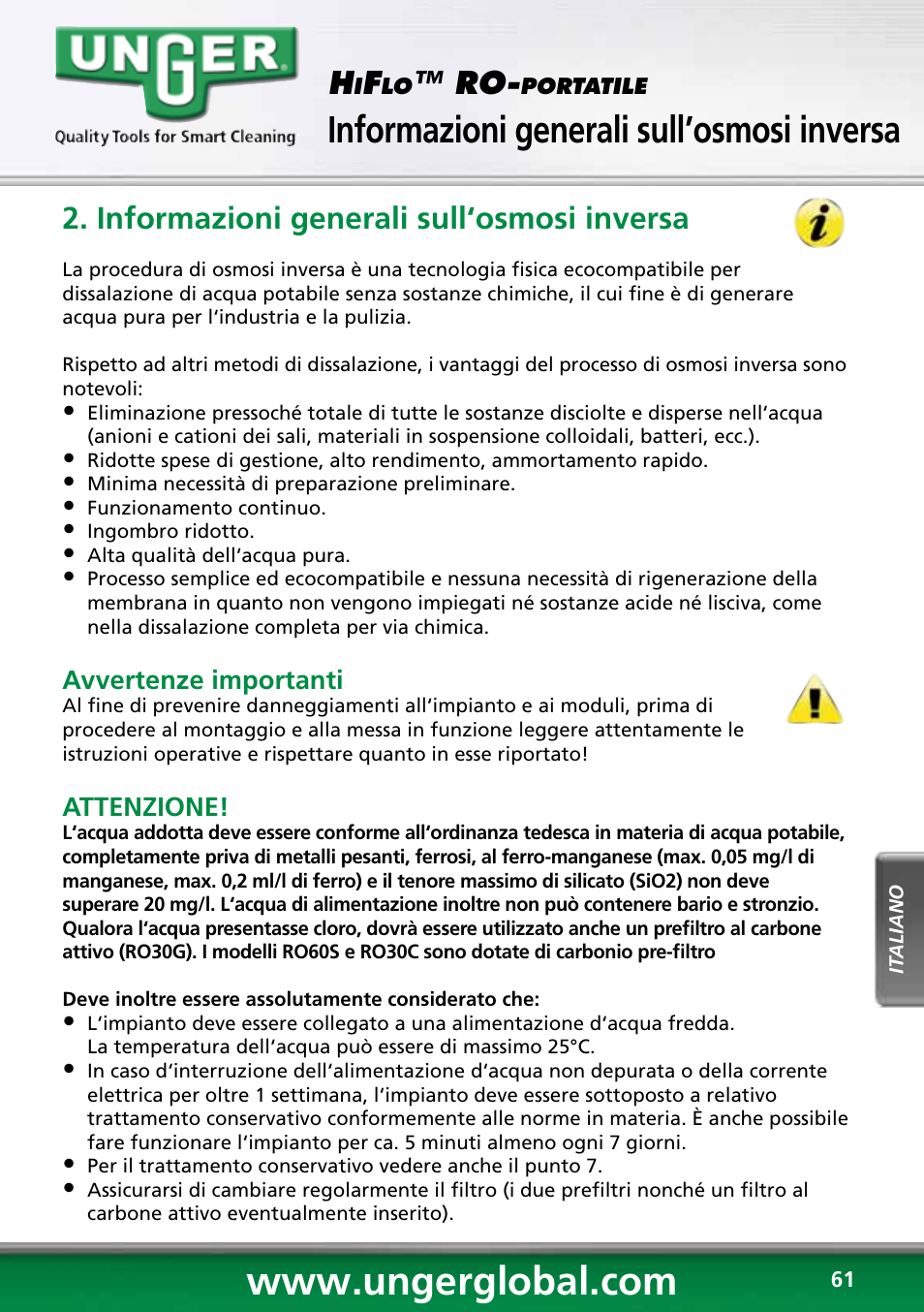 Prescrizioni di sicurezza, Informazioni generali sull’osmosi inversa, Informazioni generali sull‘osmosi inversa | Unger RO60S User Manual | Page 61 / 88