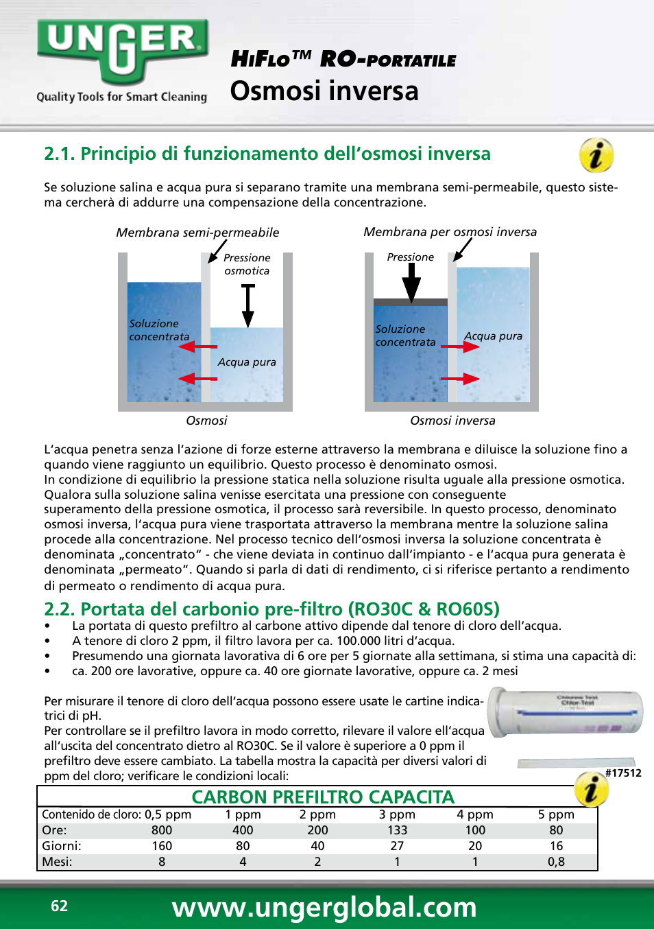 Osmosi inversa, Carbon prefiltro capacita, Portata del carbonio pre-filtro (ro30c & ro60s) | Principio di funzionamento dell‘osmosi inversa | Unger RO60S User Manual | Page 62 / 88