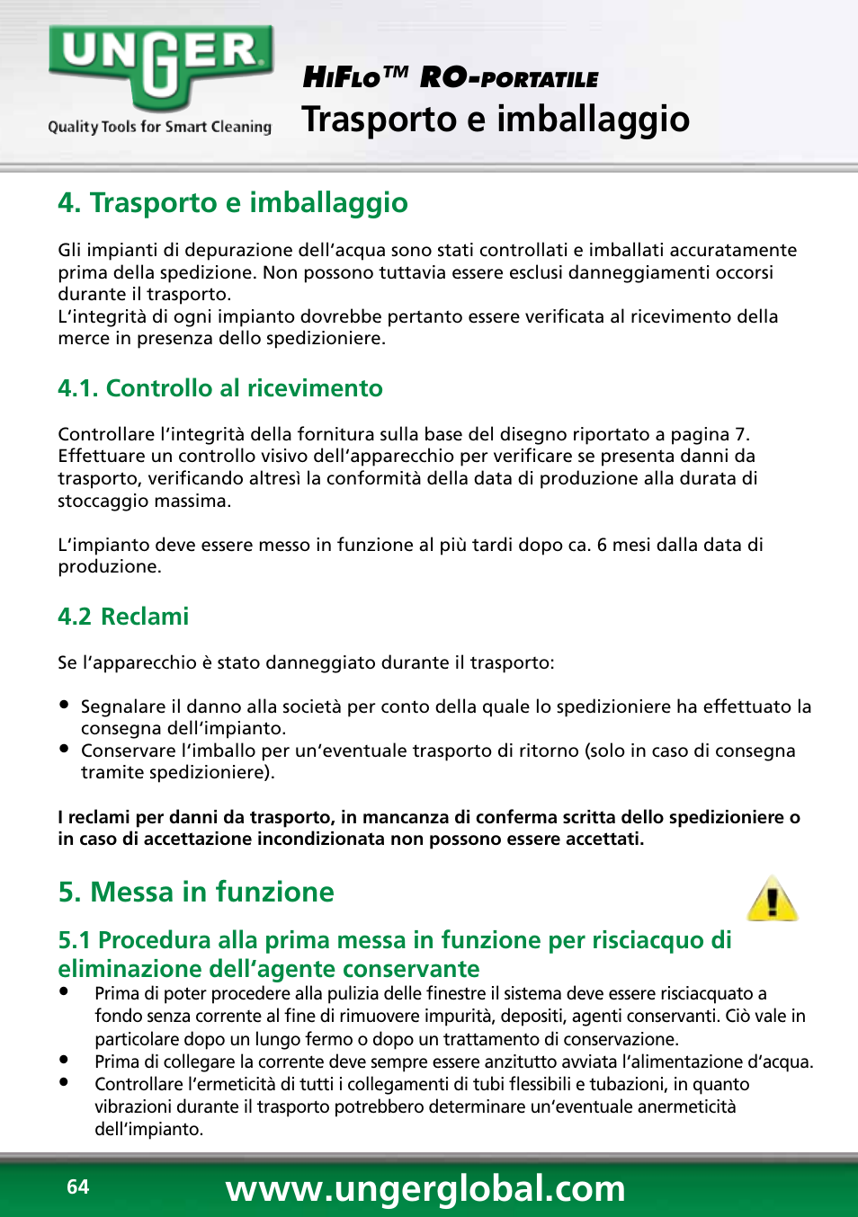 Trasporto e imballaggio, Messa in funzione | Unger RO60S User Manual | Page 64 / 88