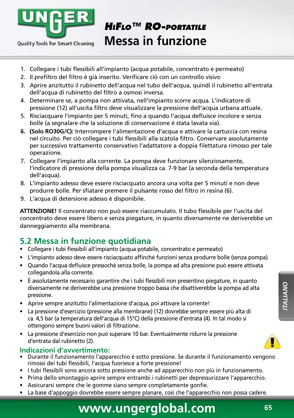 Messa in funzione, Trasporto e imballaggio, 2 messa in funzione quotidiana | Unger RO60S User Manual | Page 65 / 88