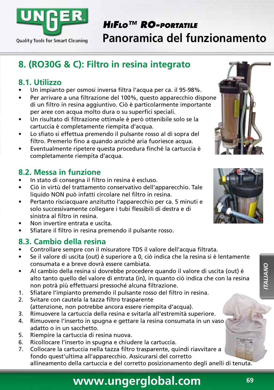 Panoramica del funzionamento, (ro30g & c): filtro in resina integrato, Utilizzo | Messa in funzione, Cambio della resina | Unger RO60S User Manual | Page 69 / 88