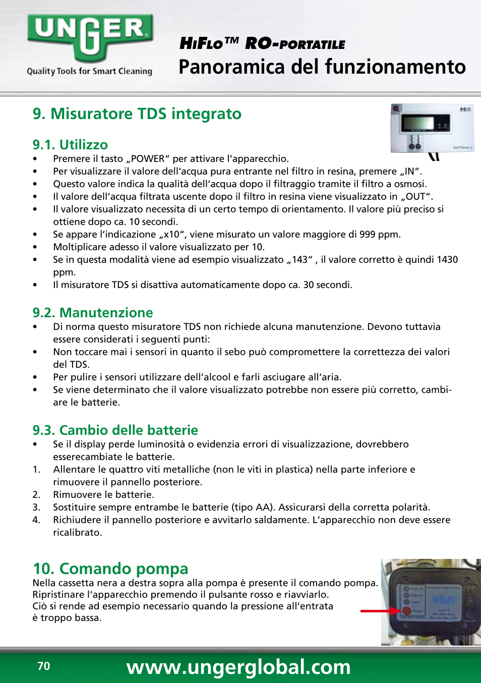 Panoramica del funzionamento, Misuratore tds integrato, Comando pompa | Utilizzo, Manutenzione, Cambio delle batterie | Unger RO60S User Manual | Page 70 / 88