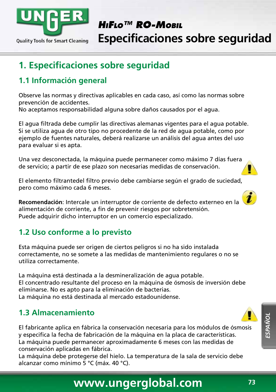 Especificaciones sobre seguridad, Ro-m | Unger RO60S User Manual | Page 73 / 88