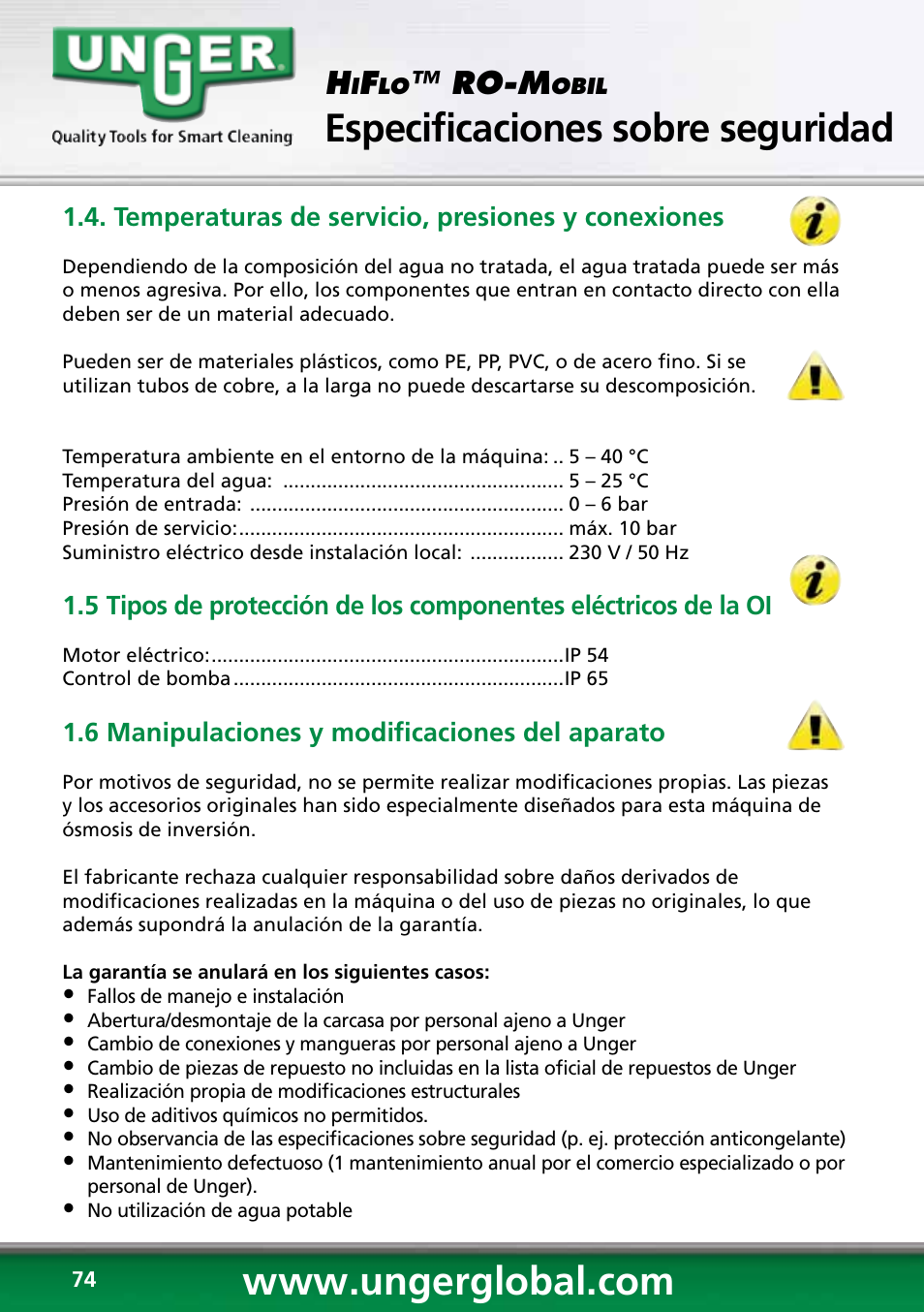 Especificaciones sobre seguridad, Ro-m | Unger RO60S User Manual | Page 74 / 88