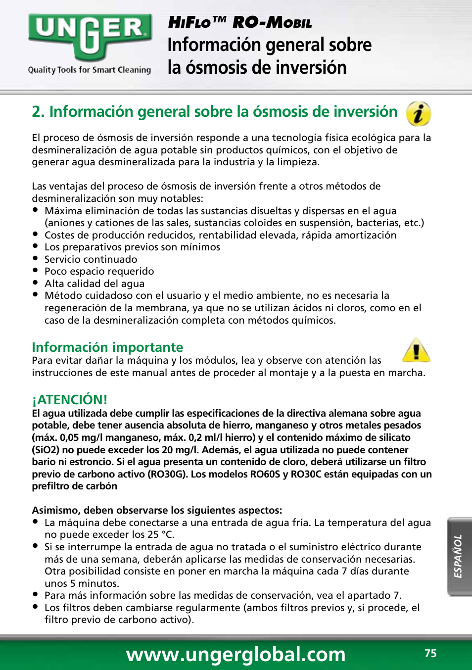 Especificaciones sobre seguridad, Información general sobre la ósmosis de inversión, Ro-m | Unger RO60S User Manual | Page 75 / 88