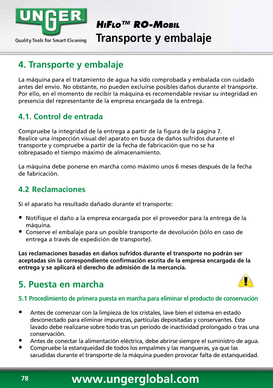 Transporte y embalaje, Ro-m, Puesta en marcha | Unger RO60S User Manual | Page 78 / 88