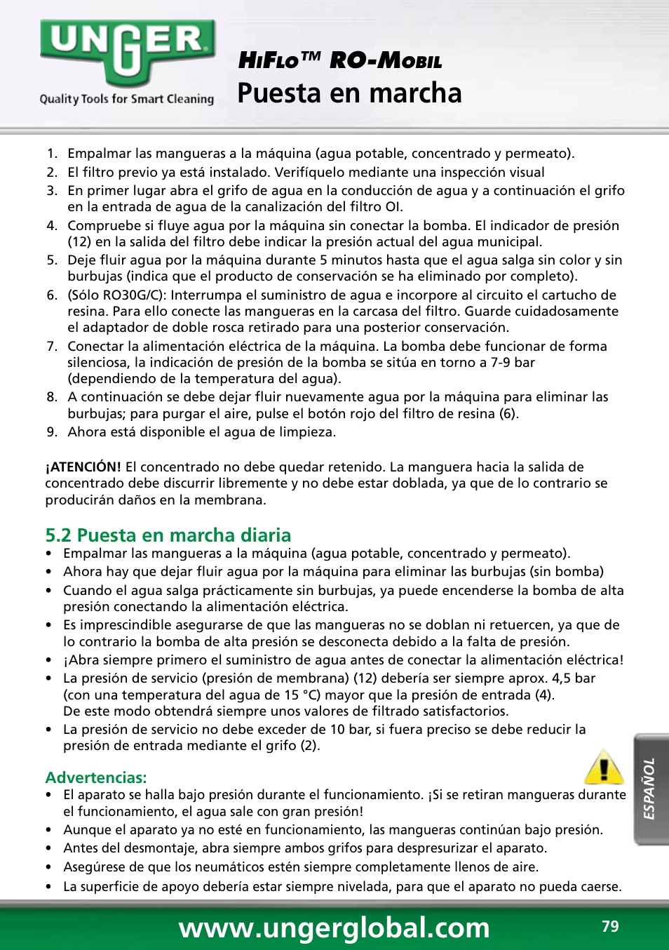 Puesta en marcha, Transporte y embalaje, Ro-m | 2 puesta en marcha diaria | Unger RO60S User Manual | Page 79 / 88