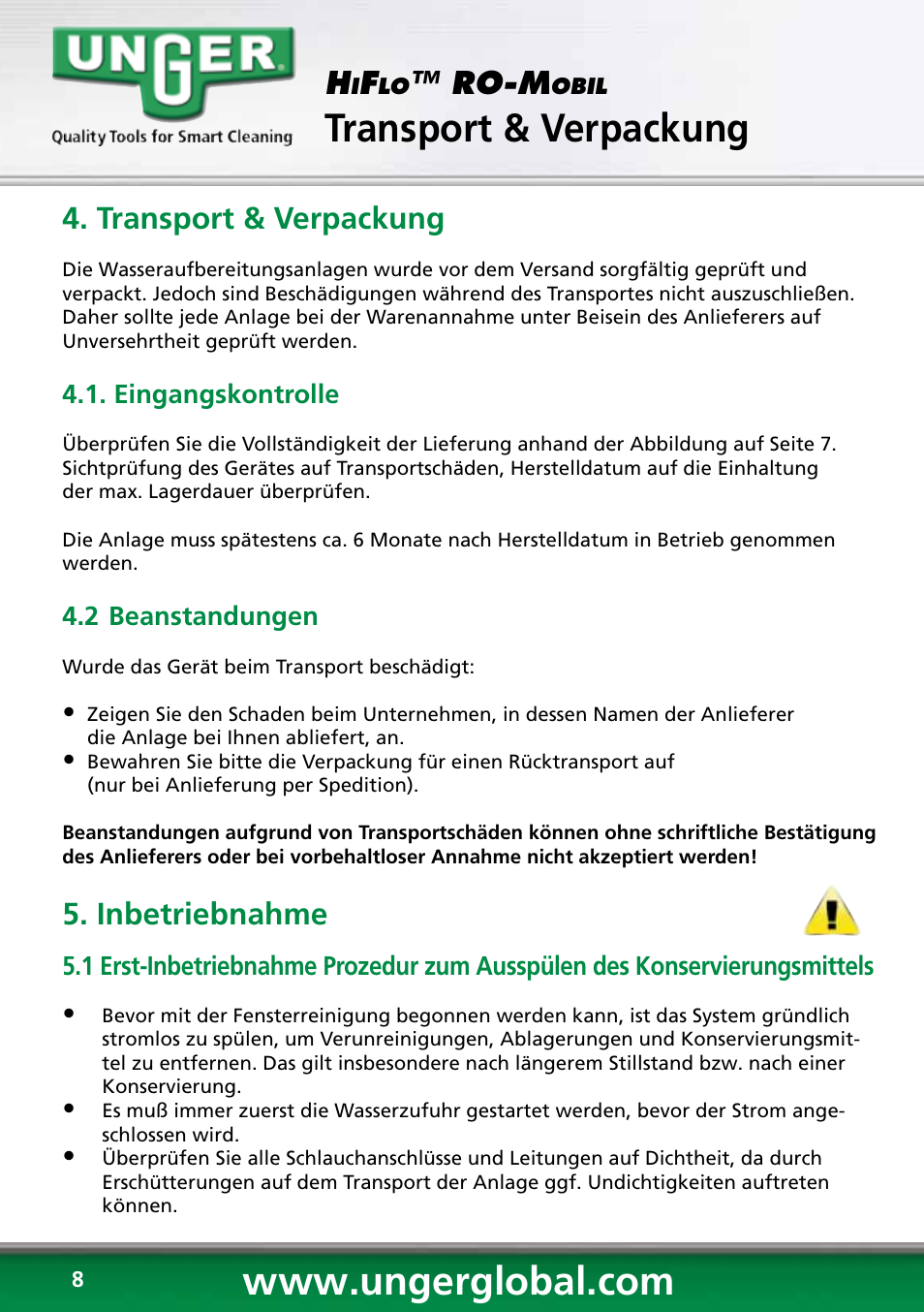 Transport & verpackung, Ro-m, Inbetriebnahme | Unger RO60S User Manual | Page 8 / 88