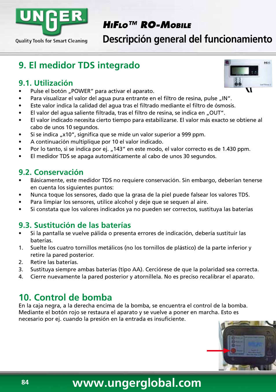 Descripción general del funcionamiento, Ro-m, El medidor tds integrado | Control de bomba, Utilización, Conservación, Sustitución de las baterías | Unger RO60S User Manual | Page 84 / 88