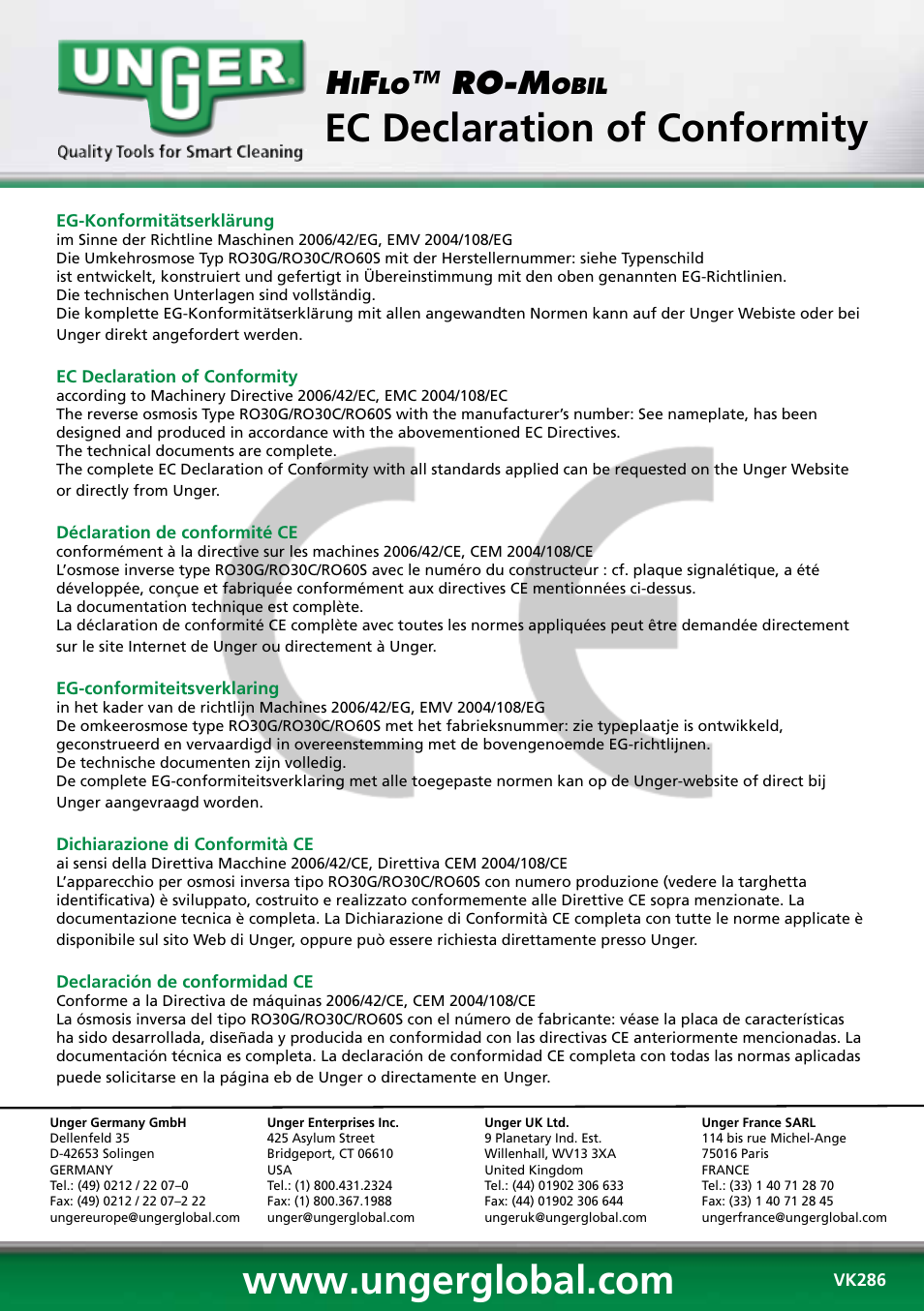 Ec declaration of conformity, Ro-m | Unger RO60S User Manual | Page 88 / 88