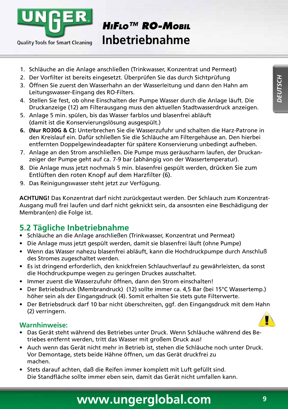 Inbetriebnahme, Transport & verpackung, Ro-m | 2 tägliche inbetriebnahme | Unger RO60S User Manual | Page 9 / 88