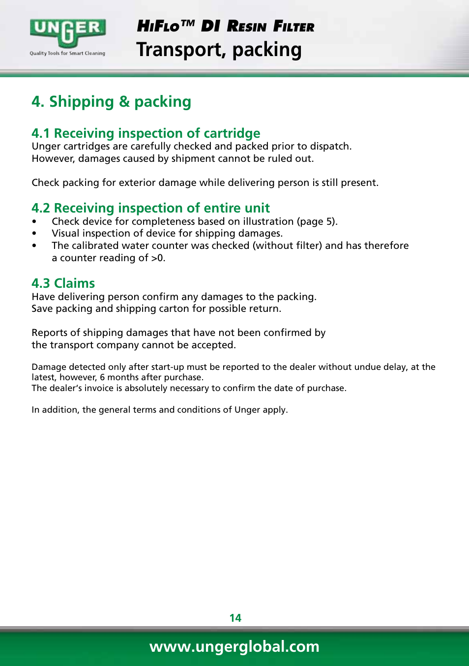 Transport, packing, Di r, Shipping & packing | Unger DI400 User Manual | Page 14 / 52