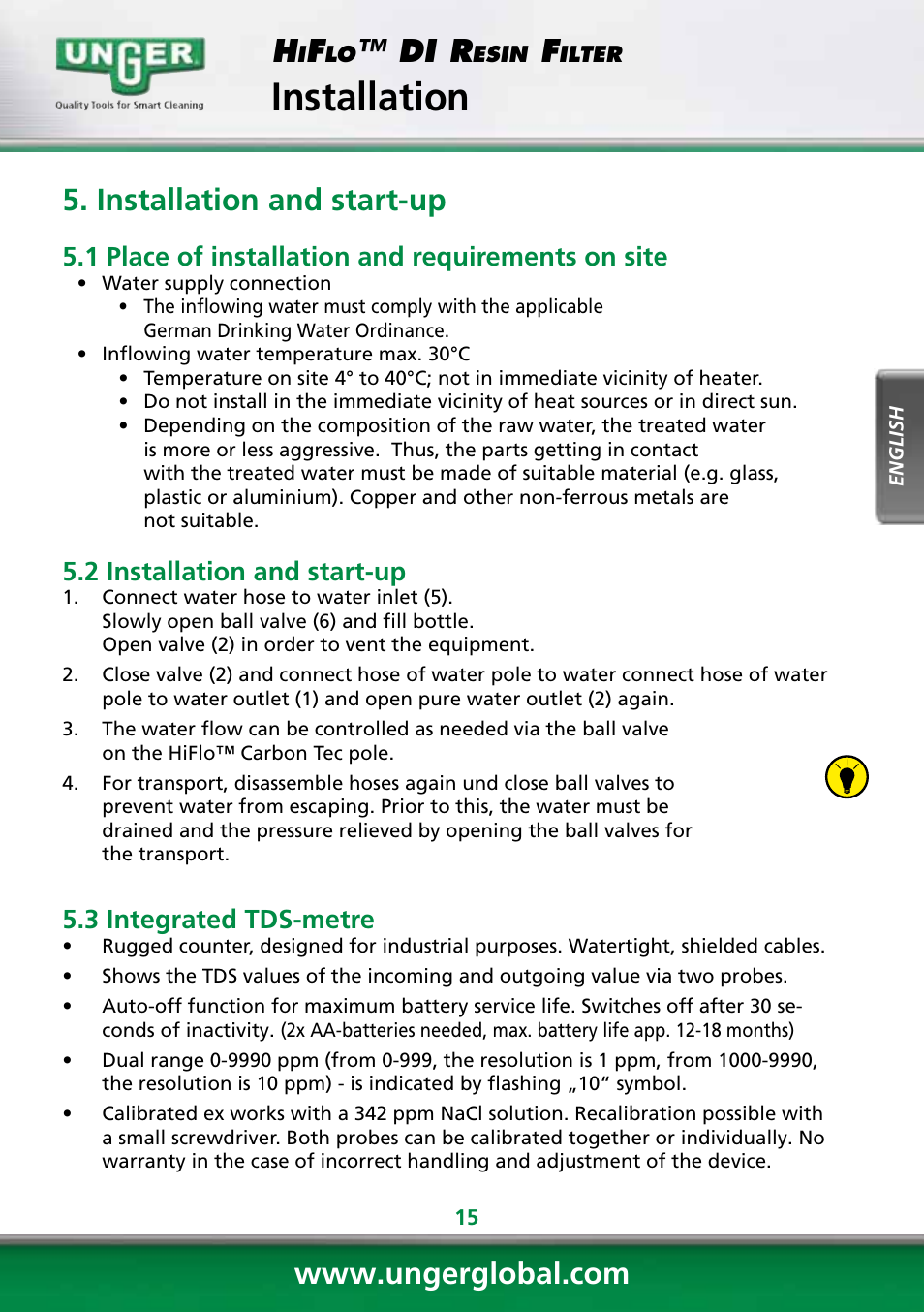 Installation, Di r, Installation and start-up | 1 place of installation and requirements on site, 2 installation and start-up, 3 integrated tds-metre | Unger DI400 User Manual | Page 15 / 52