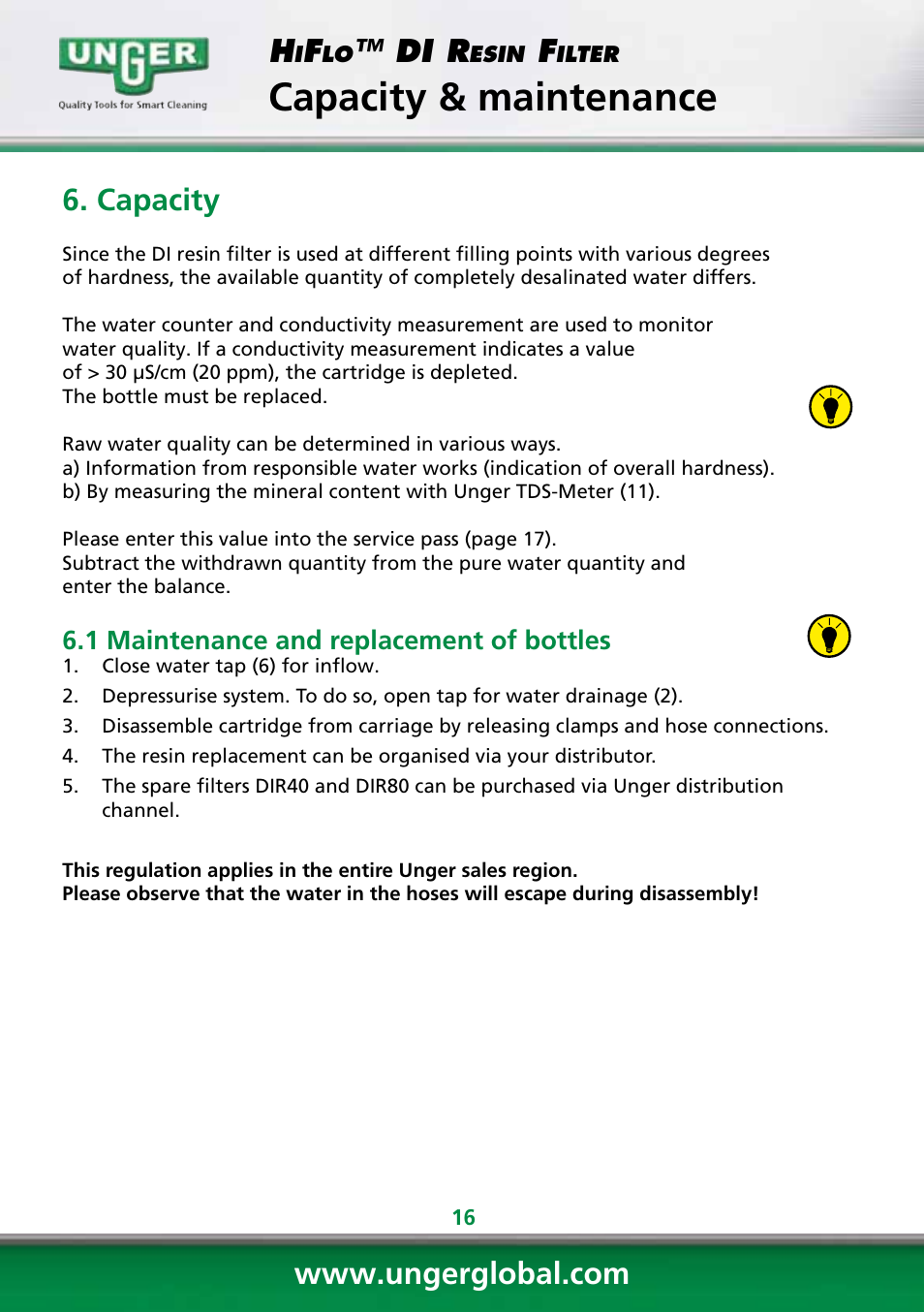 Capacity & maintenance, Di r, Capacity | Unger DI400 User Manual | Page 16 / 52