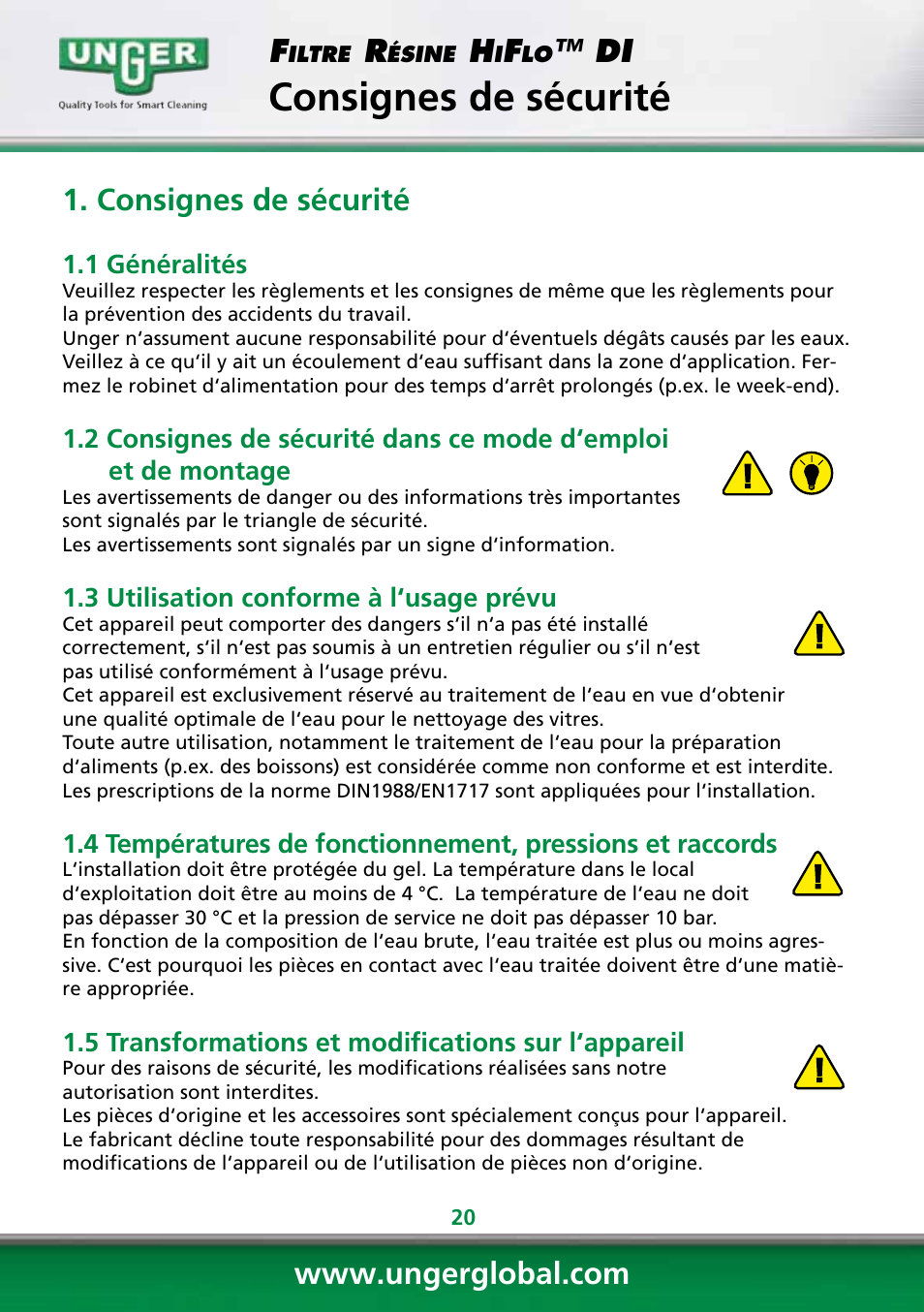 Consignes de sécurité | Unger DI400 User Manual | Page 20 / 52