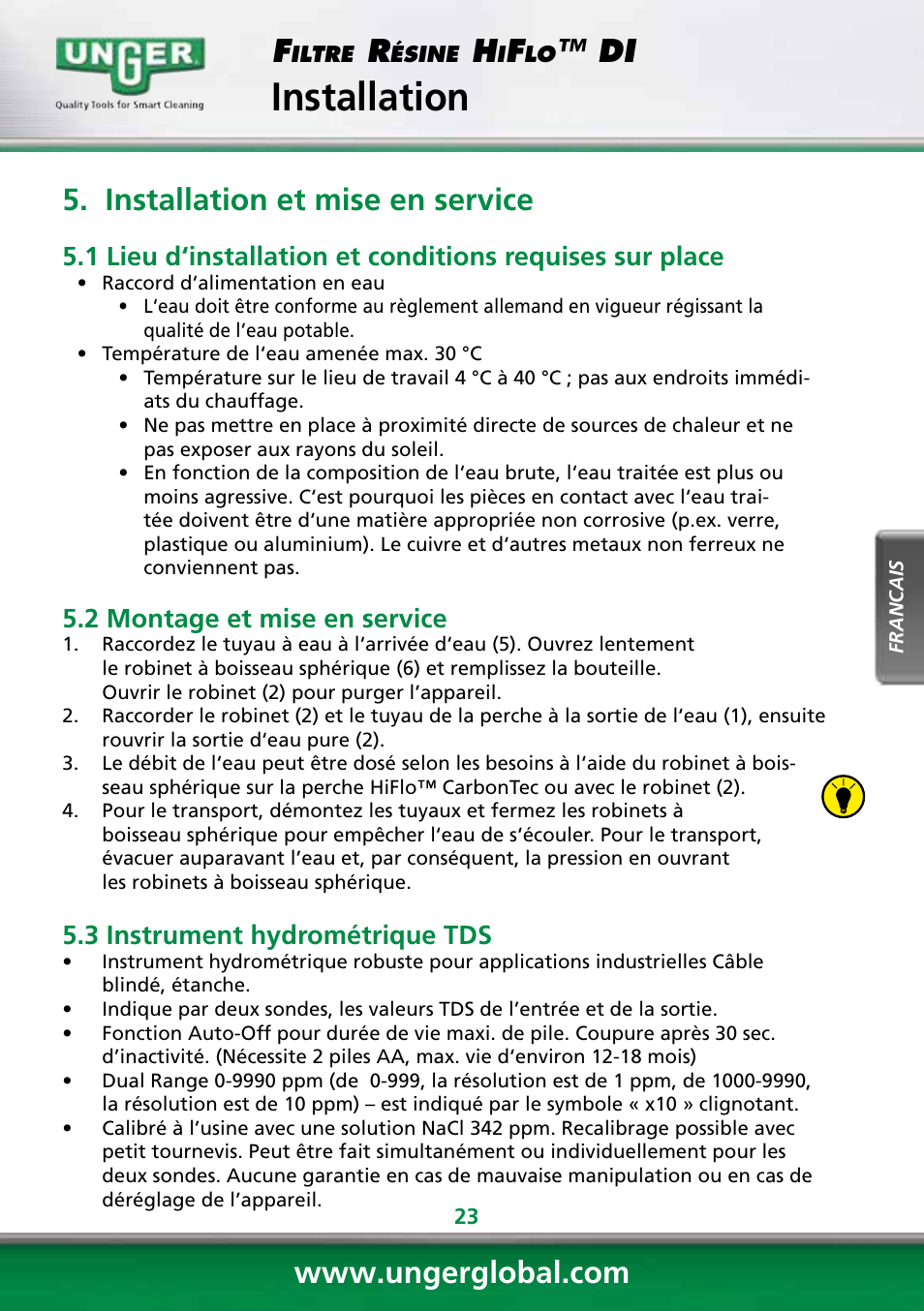 Installation, Installation et mise en service, 2 montage et mise en service | 3 instrument hydrométrique tds | Unger DI400 User Manual | Page 23 / 52