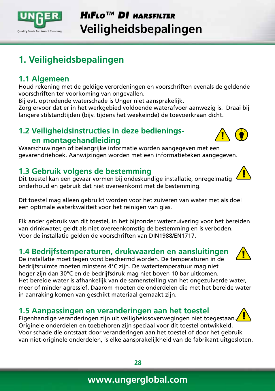 Veiligheidsbepalingen | Unger DI400 User Manual | Page 28 / 52