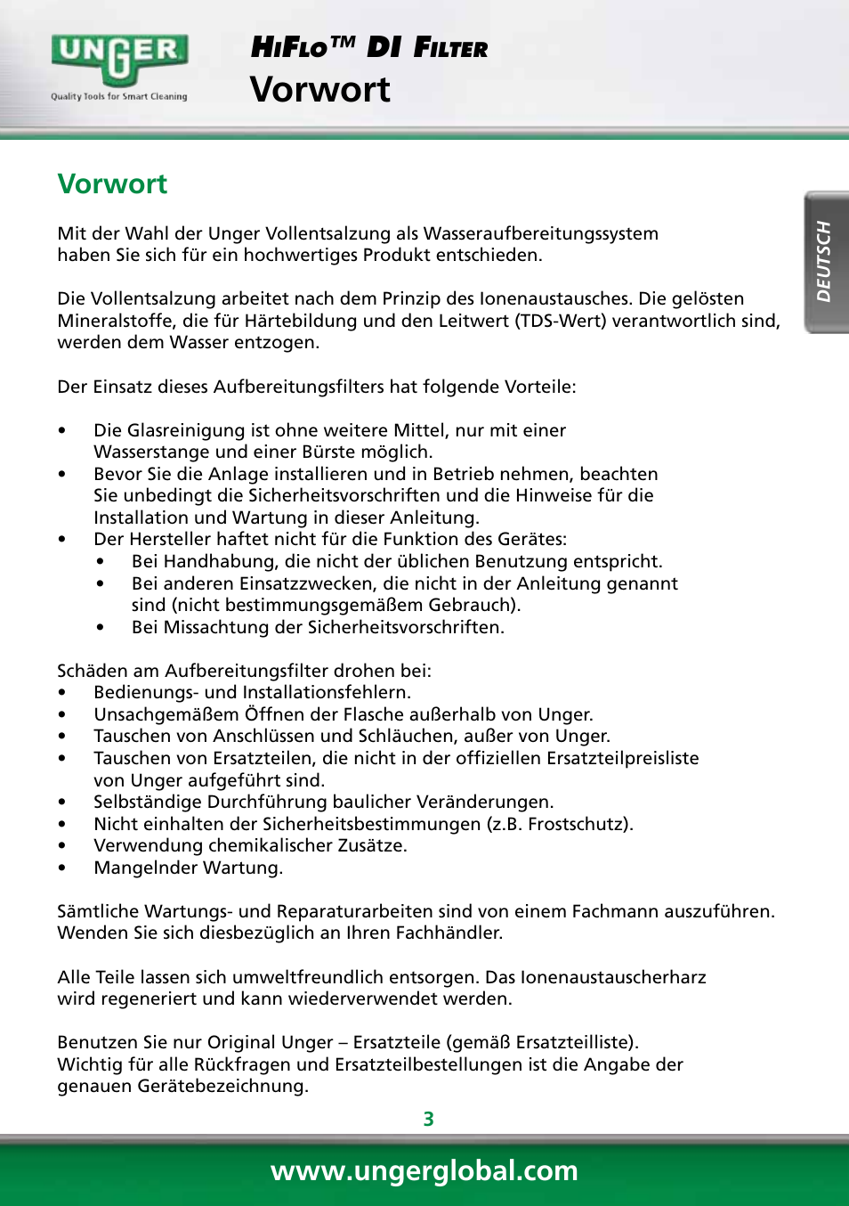 Vorwort, Di f | Unger DI400 User Manual | Page 3 / 52