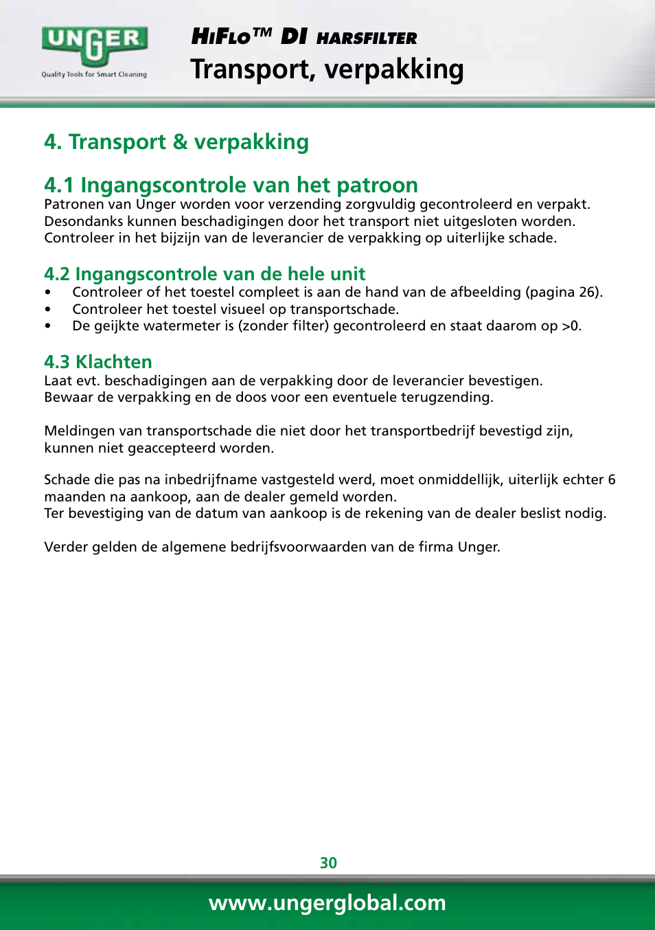 Transport, verpakking | Unger DI400 User Manual | Page 30 / 52