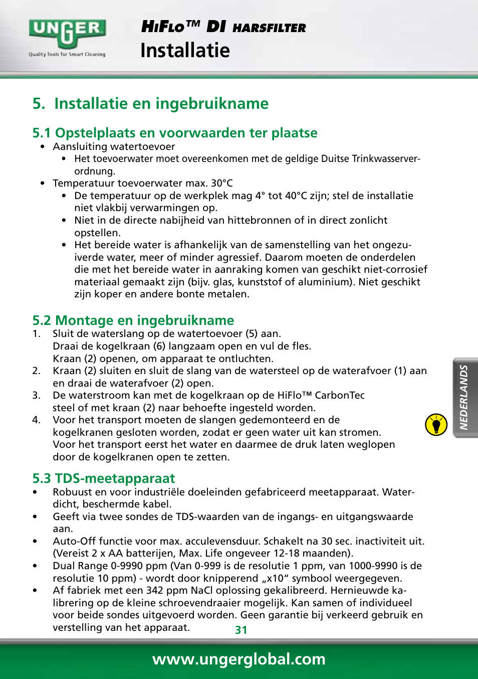 Installatie, Installatie en ingebruikname, 1 opstelplaats en voorwaarden ter plaatse | 2 montage en ingebruikname, 3 tds-meetapparaat | Unger DI400 User Manual | Page 31 / 52