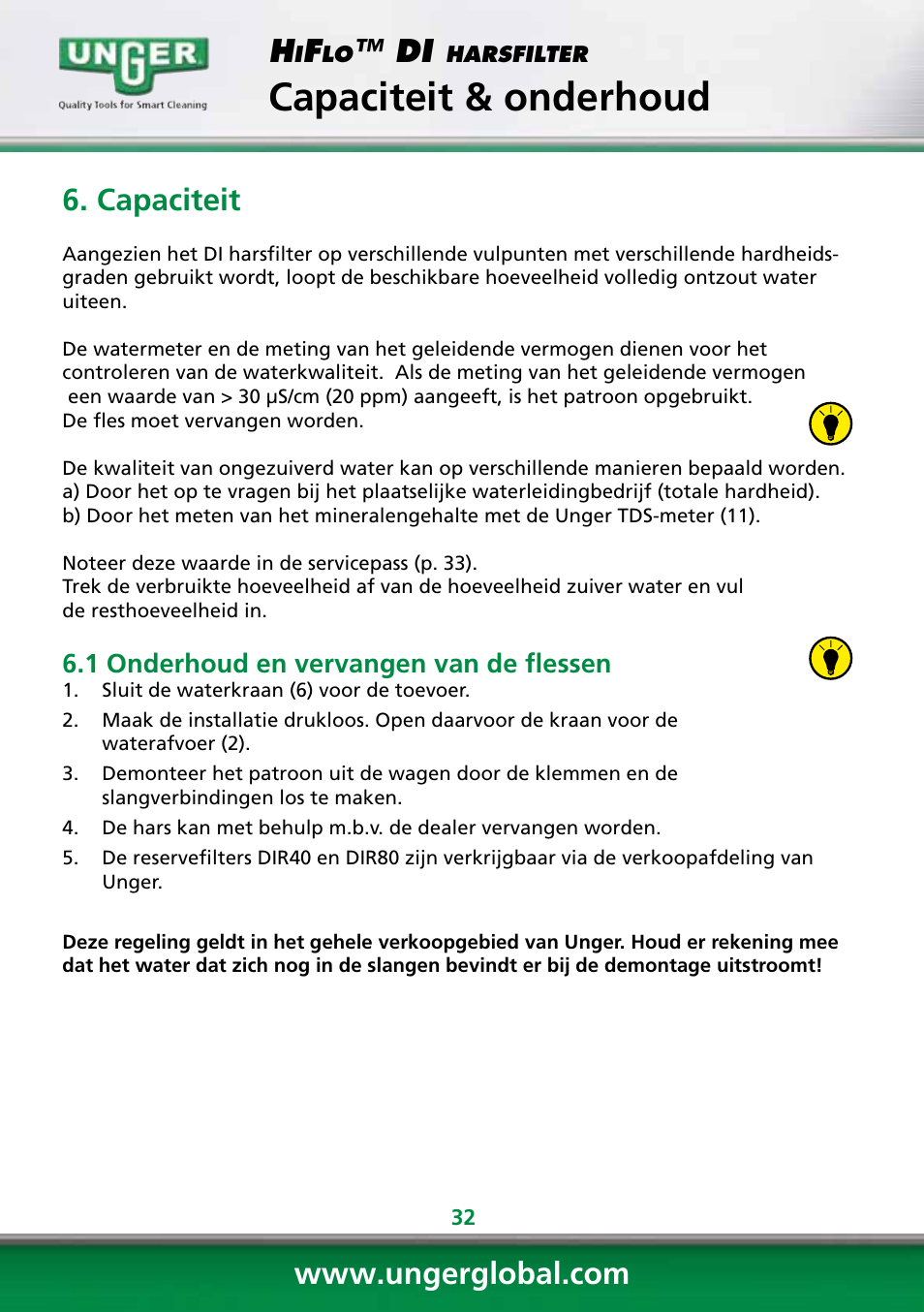 Capaciteit & onderhoud, Capaciteit | Unger DI400 User Manual | Page 32 / 52