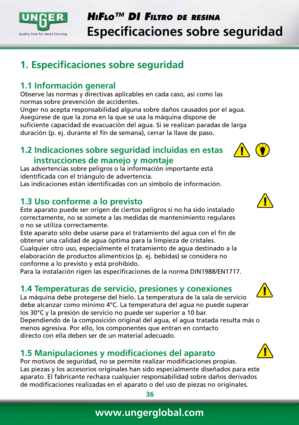 Especificaciones sobre seguridad, Di f | Unger DI400 User Manual | Page 36 / 52