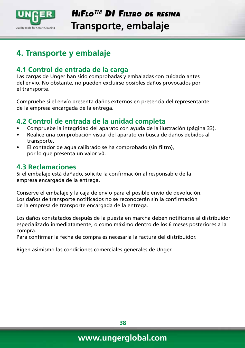 Transporte, embalaje, Di f, Transporte y embalaje | Unger DI400 User Manual | Page 38 / 52