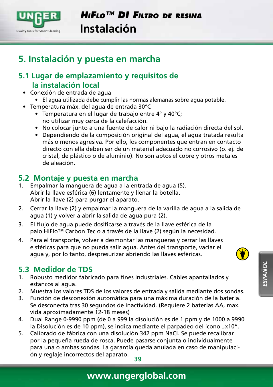 Instalación, Di f, Instalación y puesta en marcha | 2 montaje y puesta en marcha, 3 medidor de tds | Unger DI400 User Manual | Page 39 / 52
