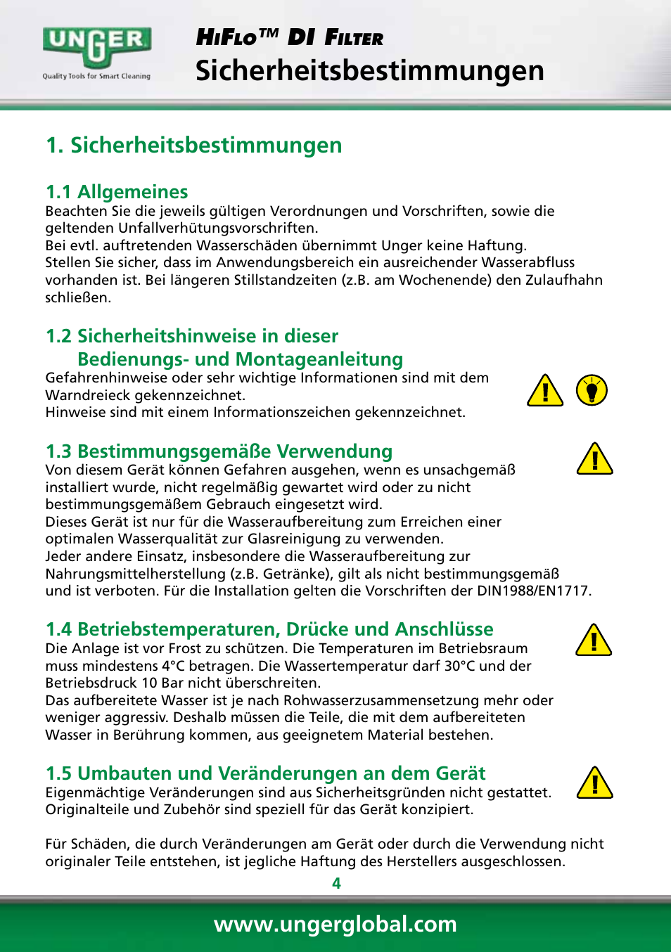 Sicherheitsbestimmungen, Di f | Unger DI400 User Manual | Page 4 / 52