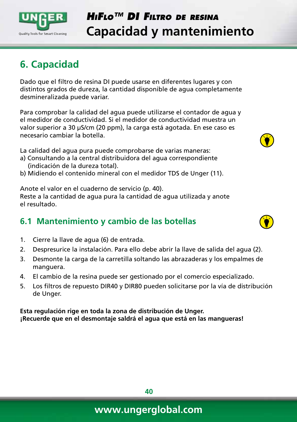 Capacidad y mantenimiento, Di f, Capacidad | Unger DI400 User Manual | Page 40 / 52
