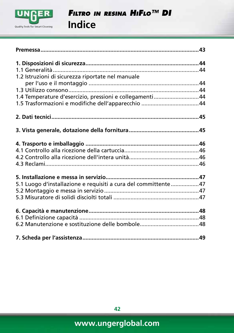 Indice | Unger DI400 User Manual | Page 42 / 52
