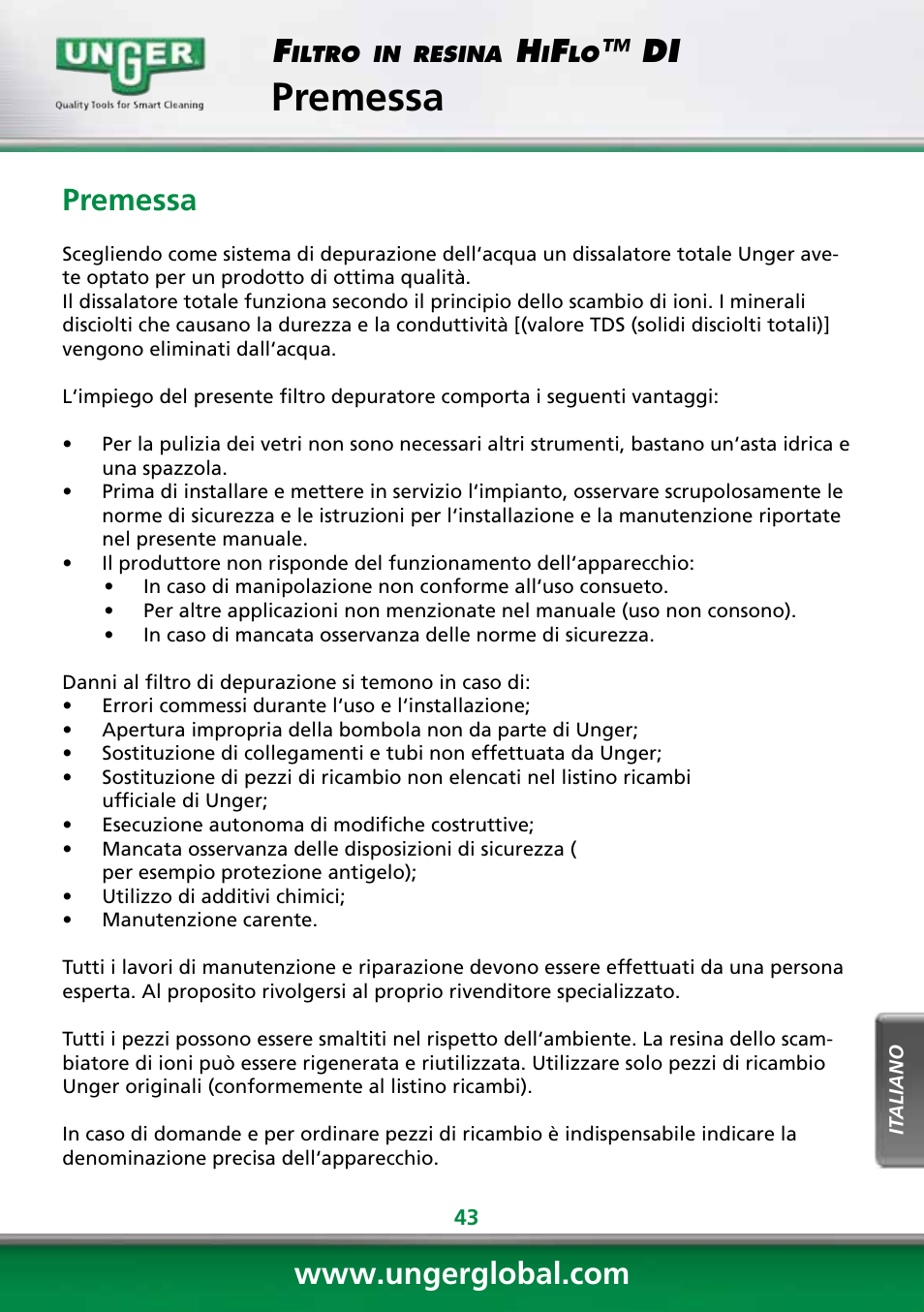 Premessa | Unger DI400 User Manual | Page 43 / 52