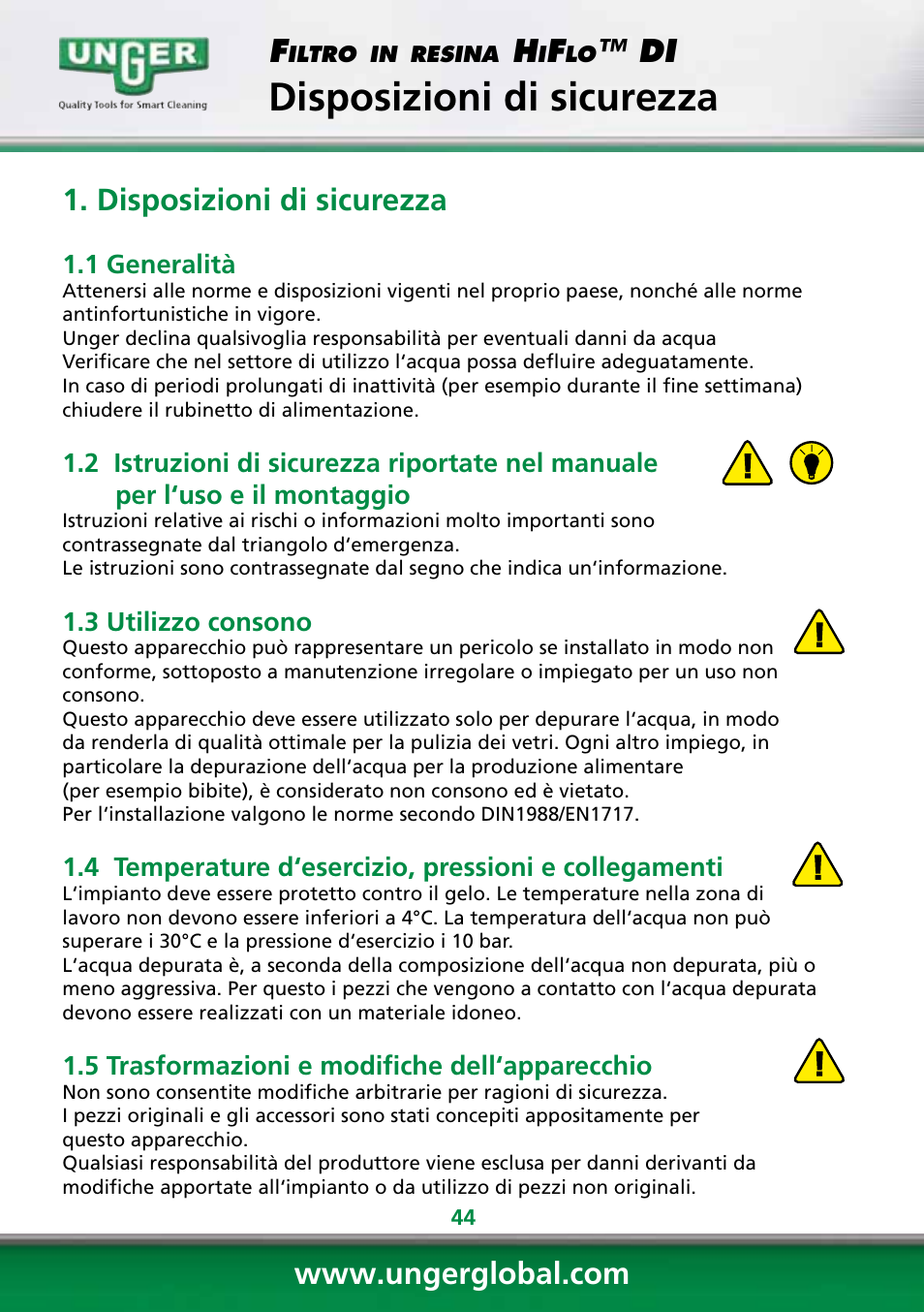 Disposizioni di sicurezza | Unger DI400 User Manual | Page 44 / 52