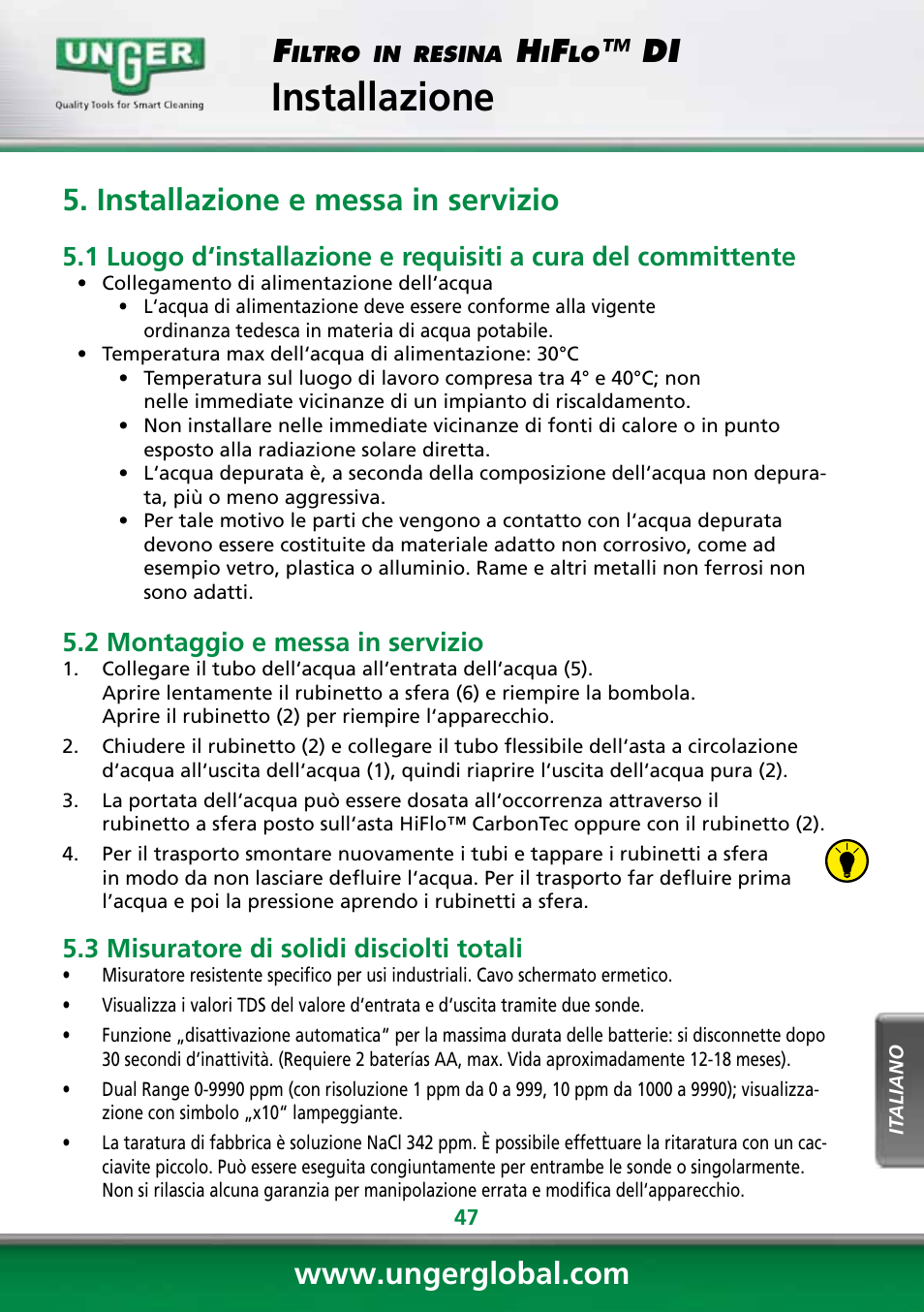 Installazione, Installazione e messa in servizio, 2 montaggio e messa in servizio | 3 misuratore di solidi disciolti totali | Unger DI400 User Manual | Page 47 / 52